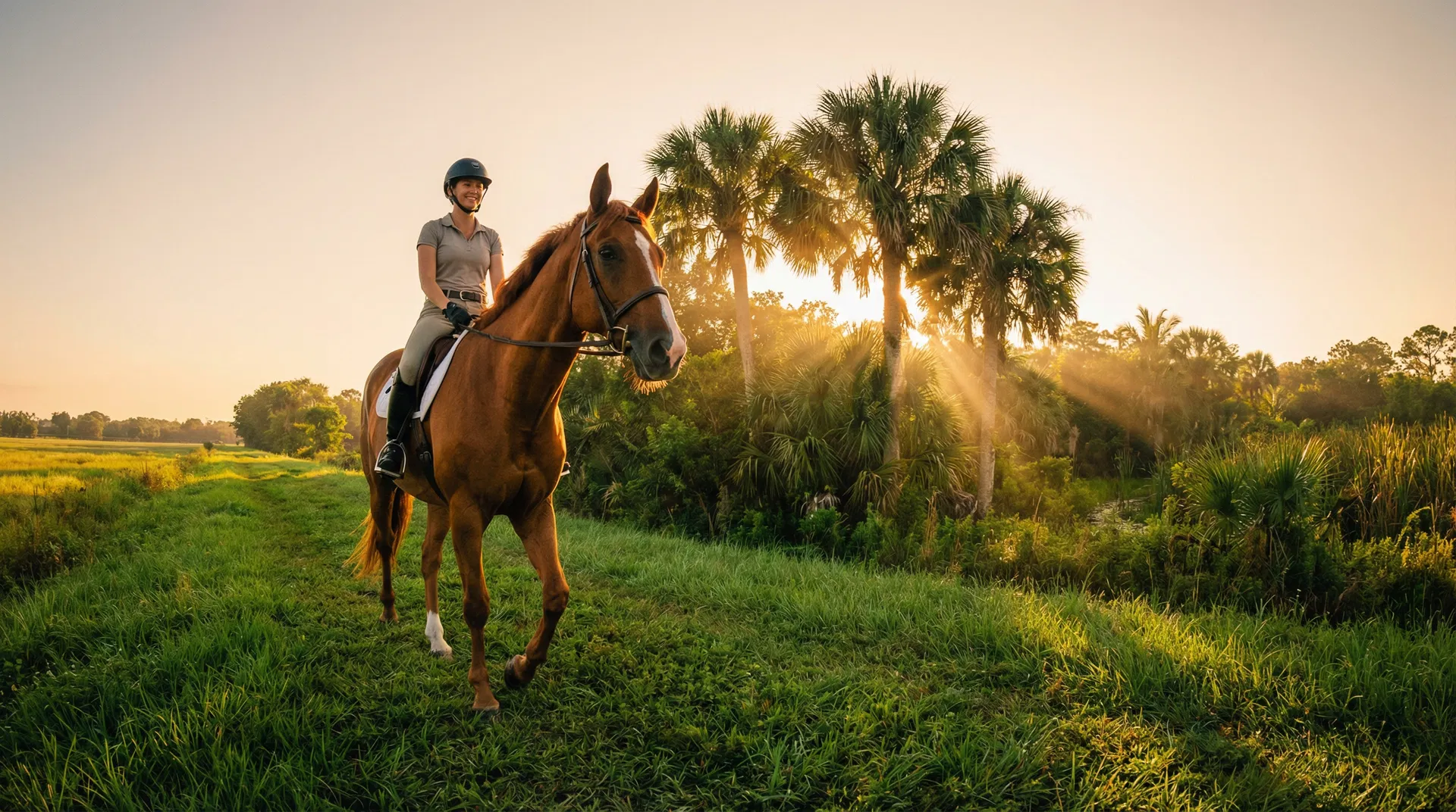 Private horseback riding on a lush trail in Davie, Florida at golden hour sunset