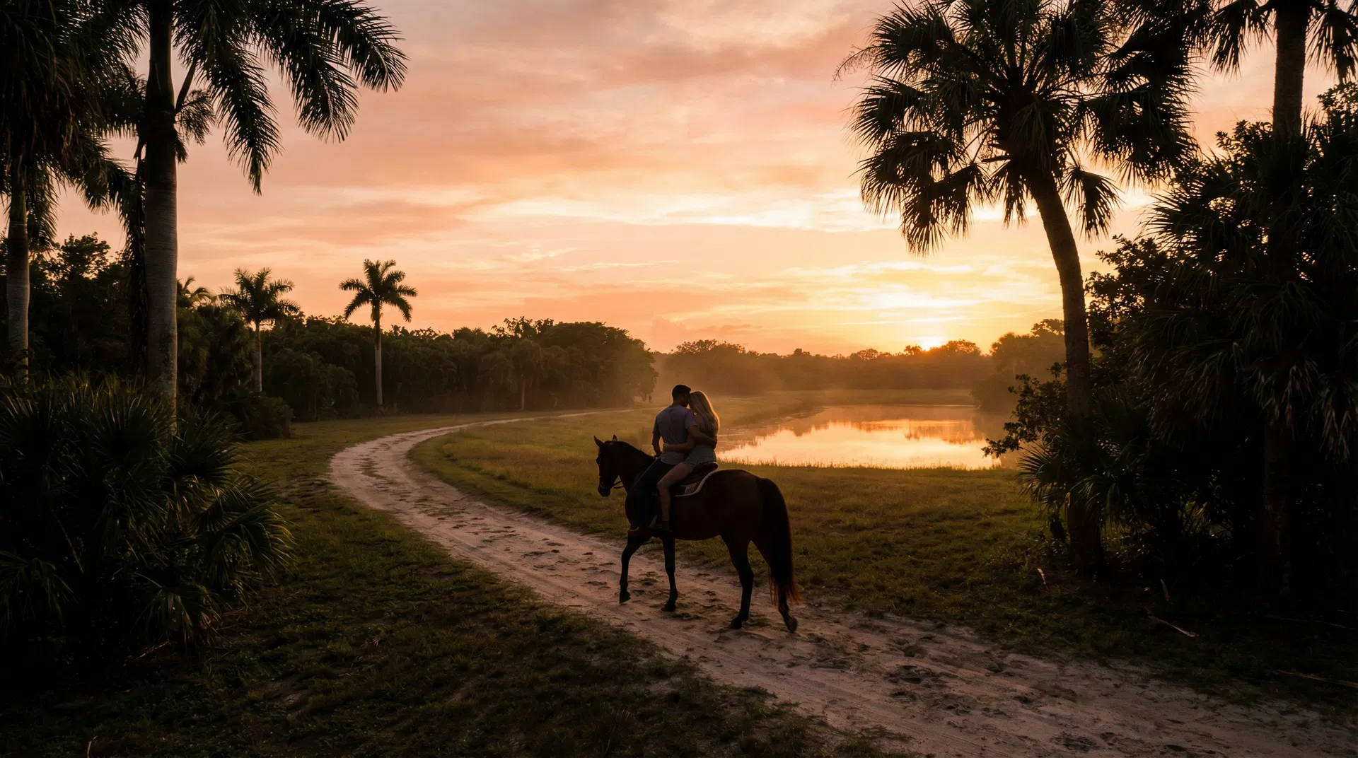 Romantic horseback riding photography session at sunset