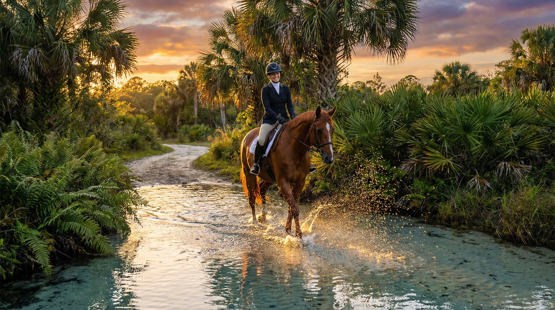 Golden trail rides through water in Davie Florida