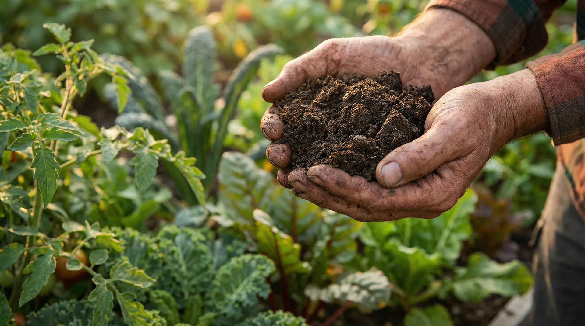 Hands holding rich composted horse manure soil over a thriving garden bed