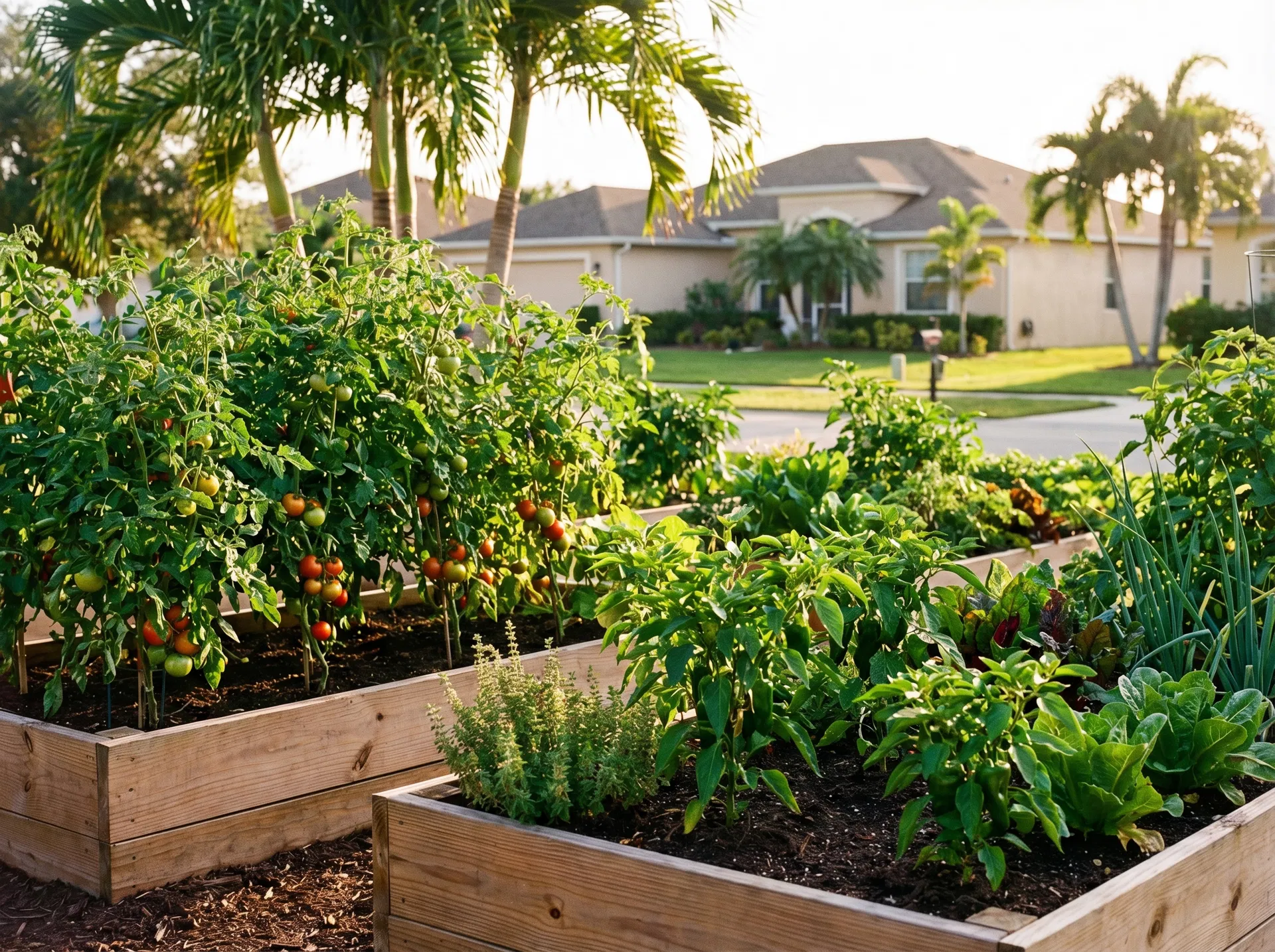 Thriving South Florida garden with raised beds and lush vegetables grown with organic fertilizer