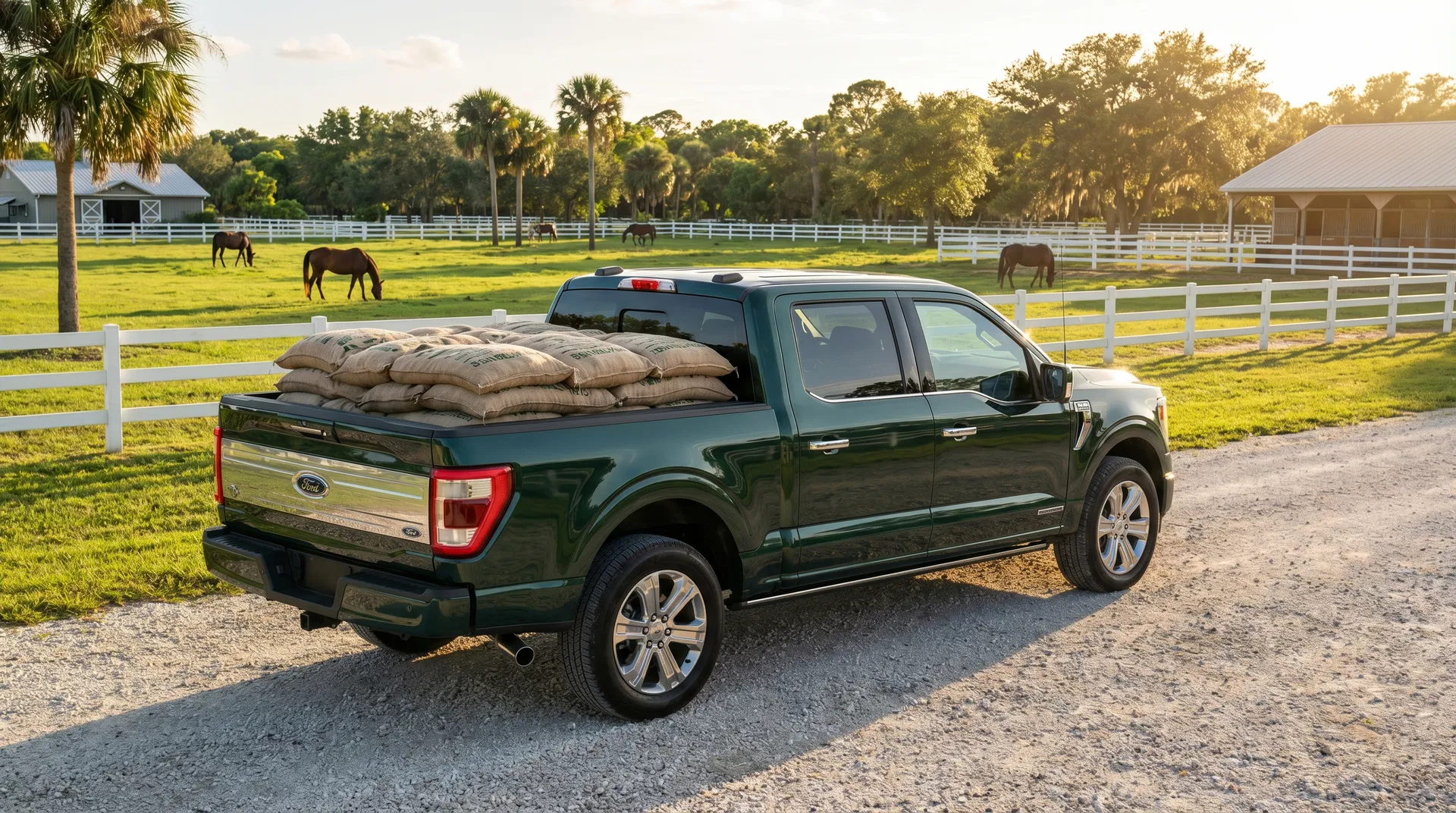 Pickup truck loaded with bags of composted fertilizer at a South Florida horse farm