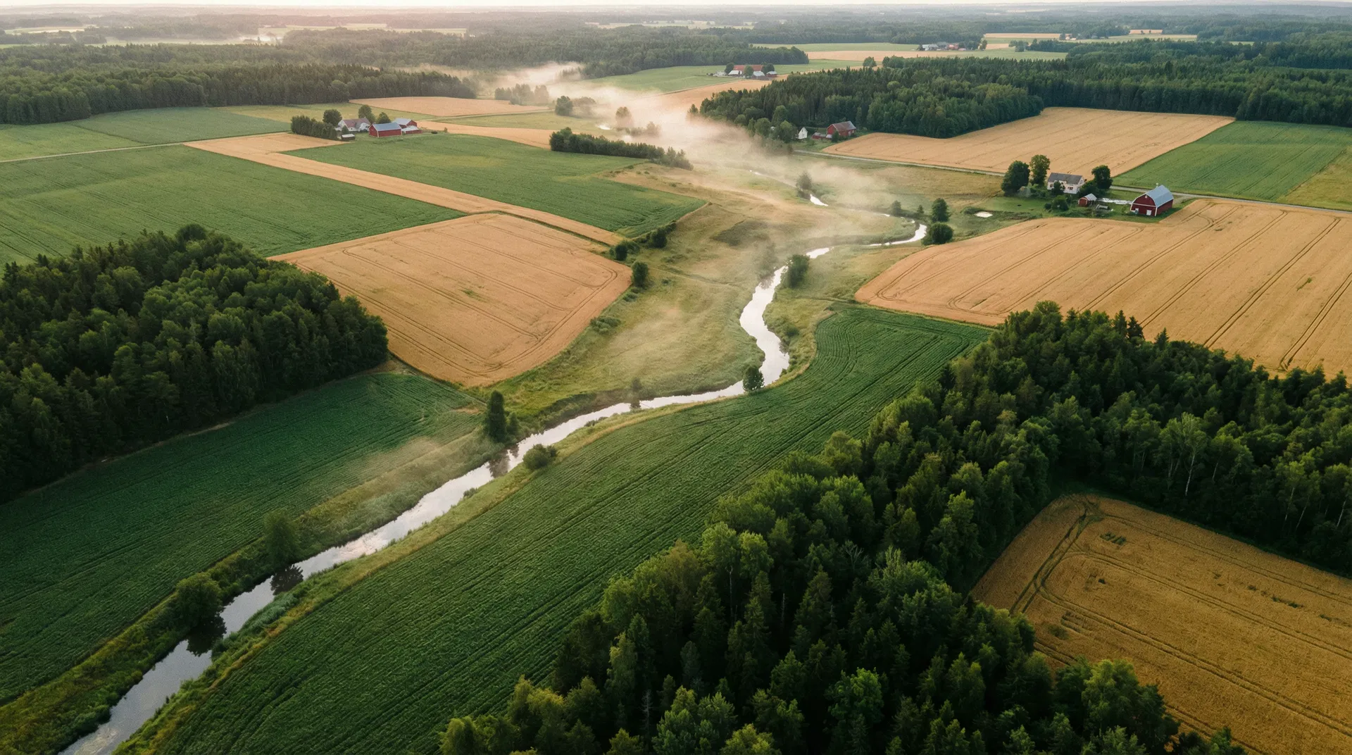 Aerial farmland at dawn