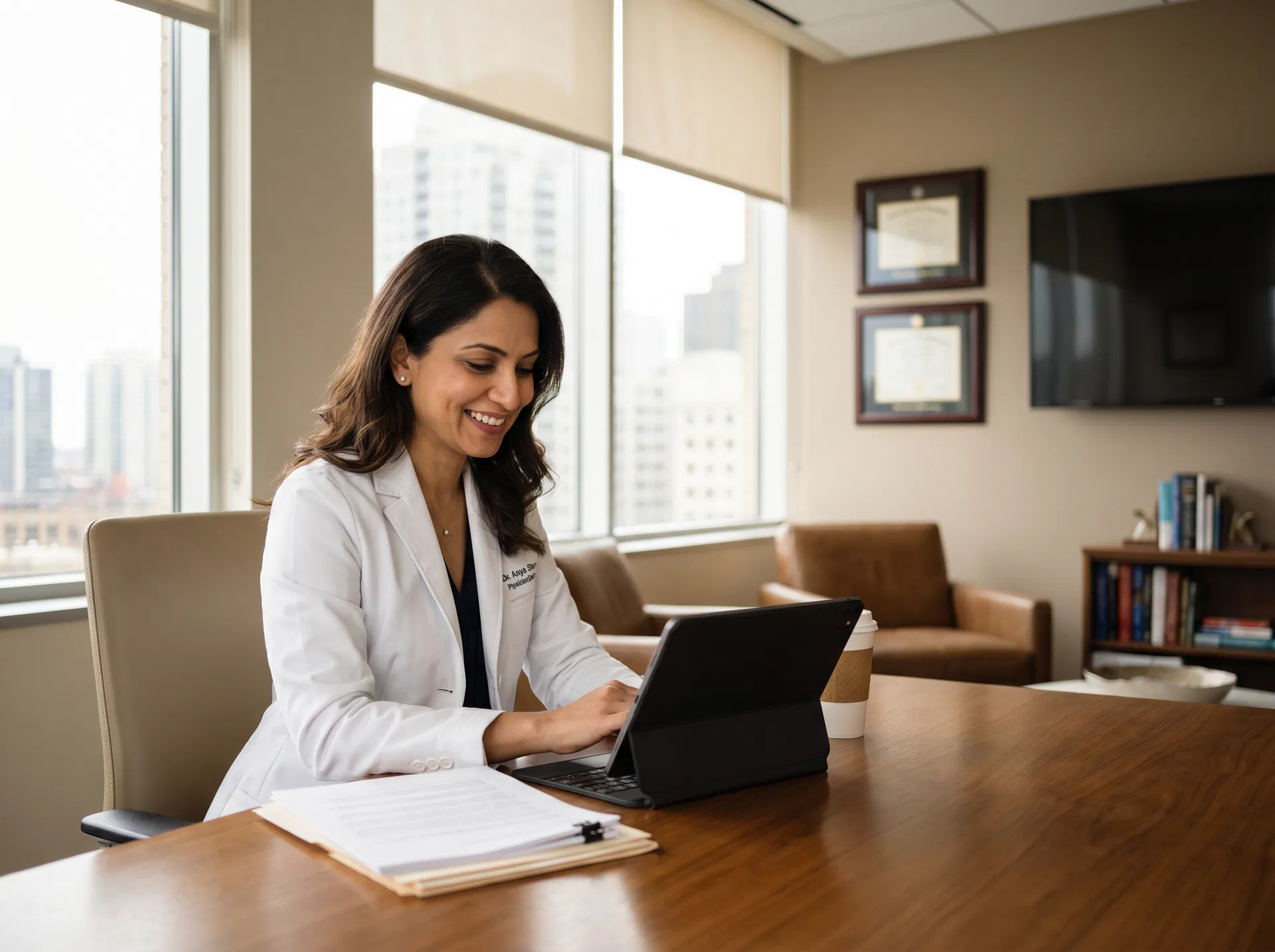 Physician reviewing documents in office