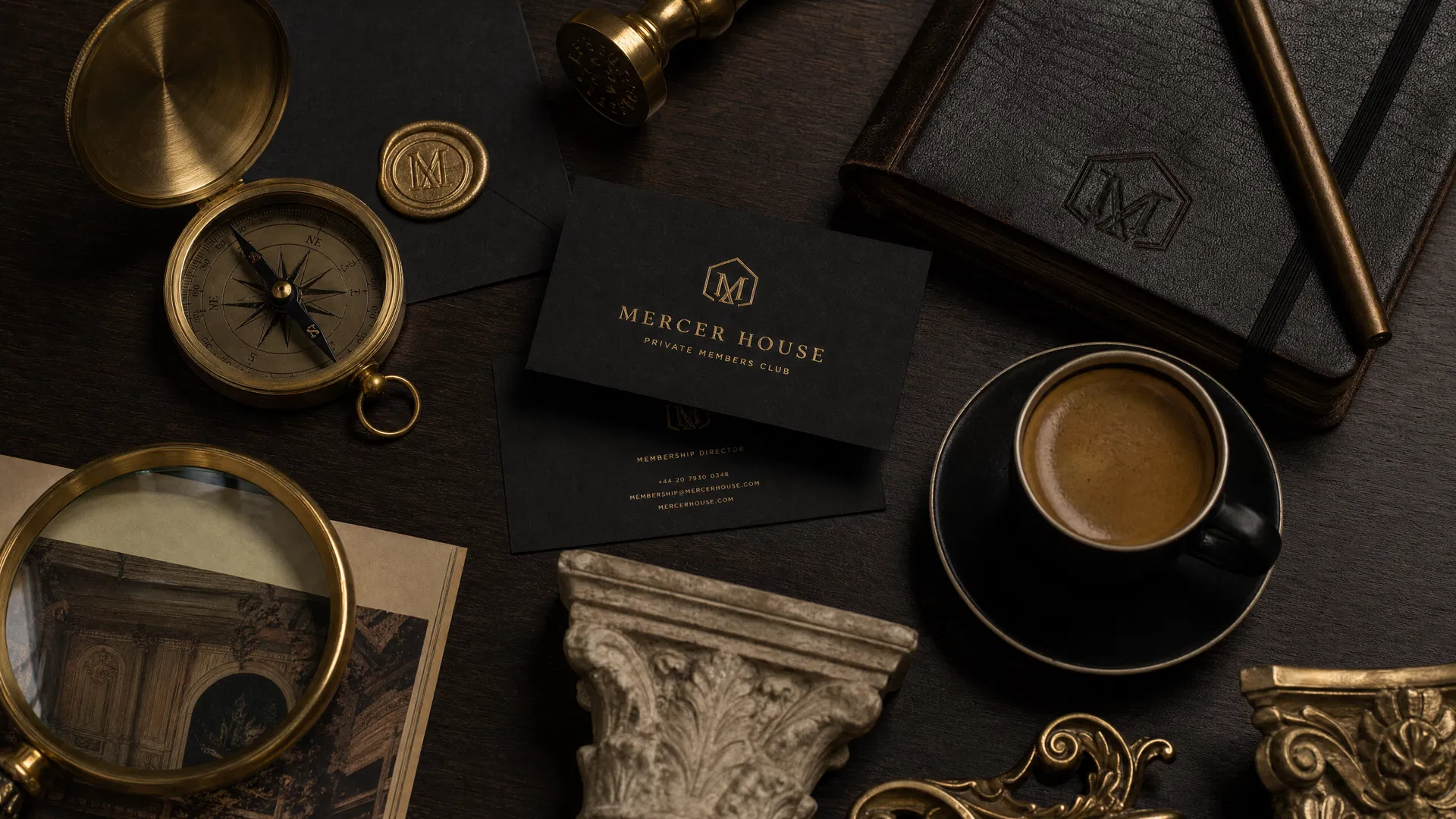 The Colosseum material palette — dark walnut, black steel, polished concrete, leather, marble