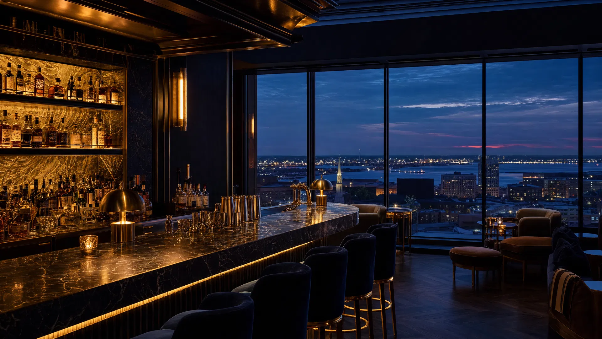 Rooftop bar with dark marble counter and gold fixtures