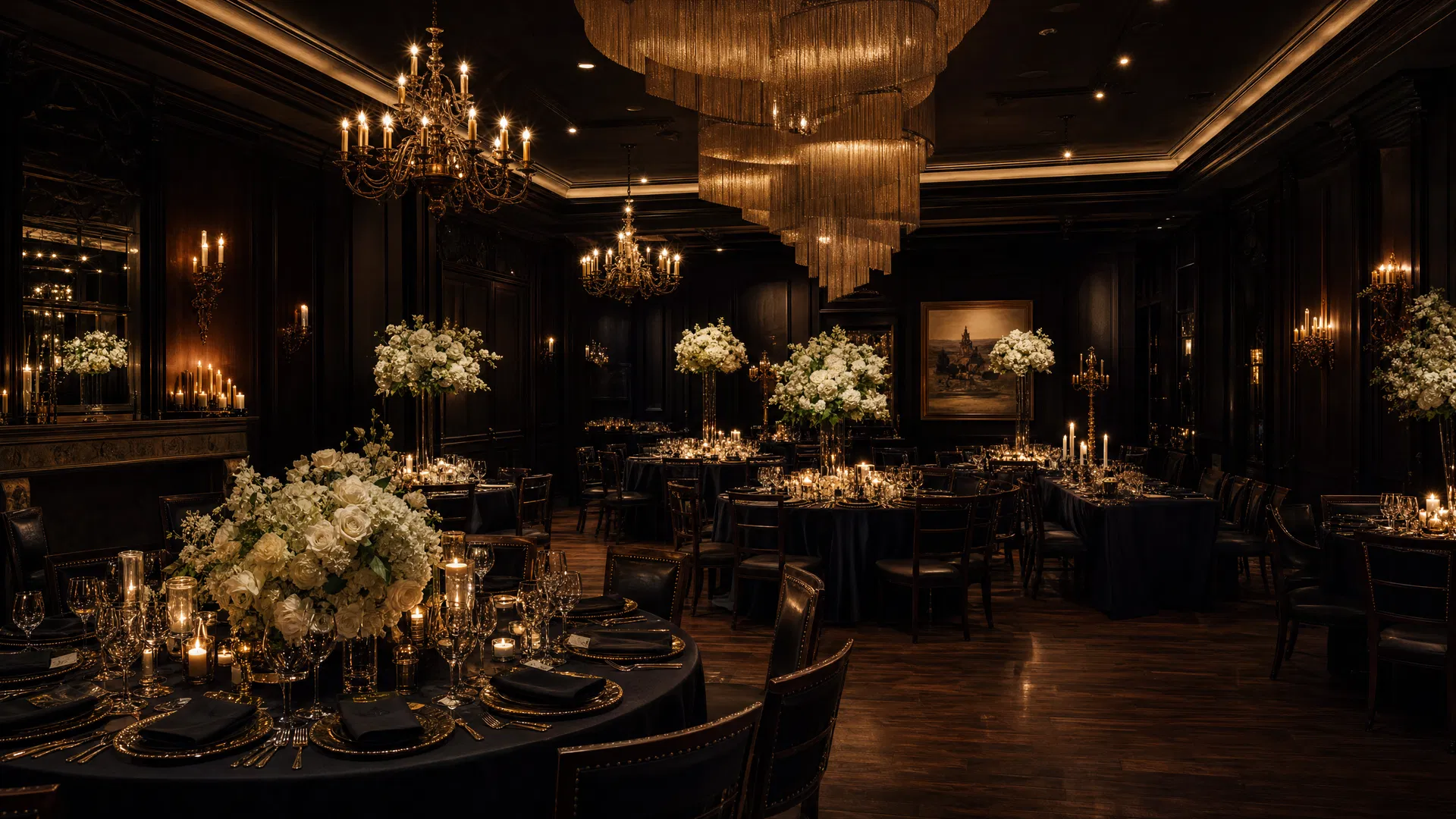 Grand ballroom with chandeliers, dark walls, and gold table settings