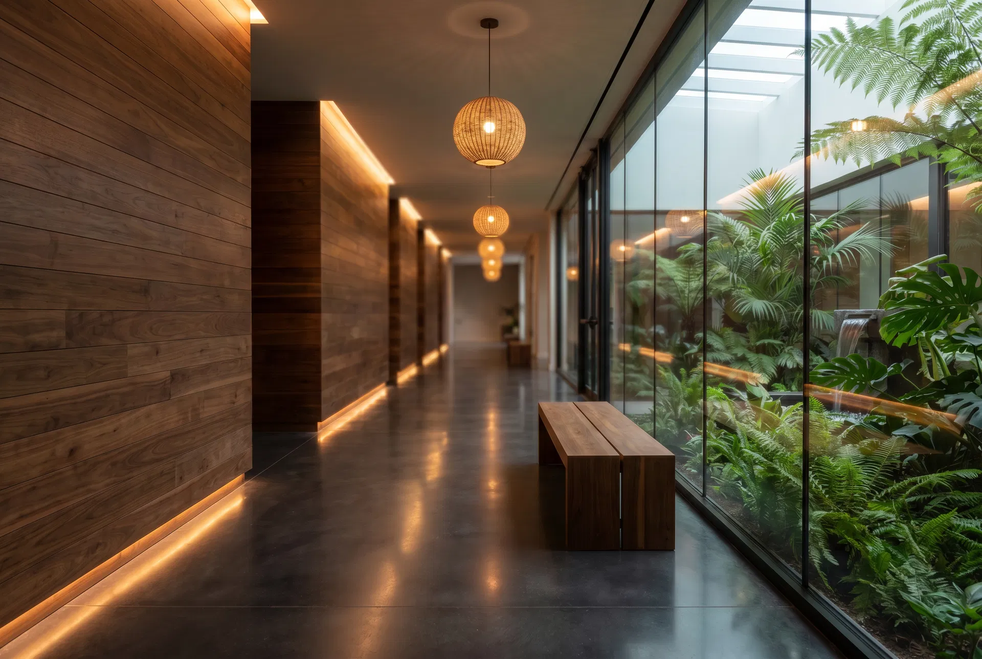 The Colosseum biophilic corridor — walnut, polished concrete, and indoor garden