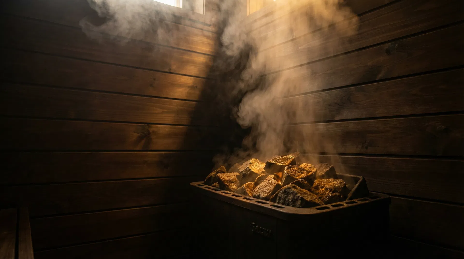 Steam rising from hot sauna stones — the löyly moment