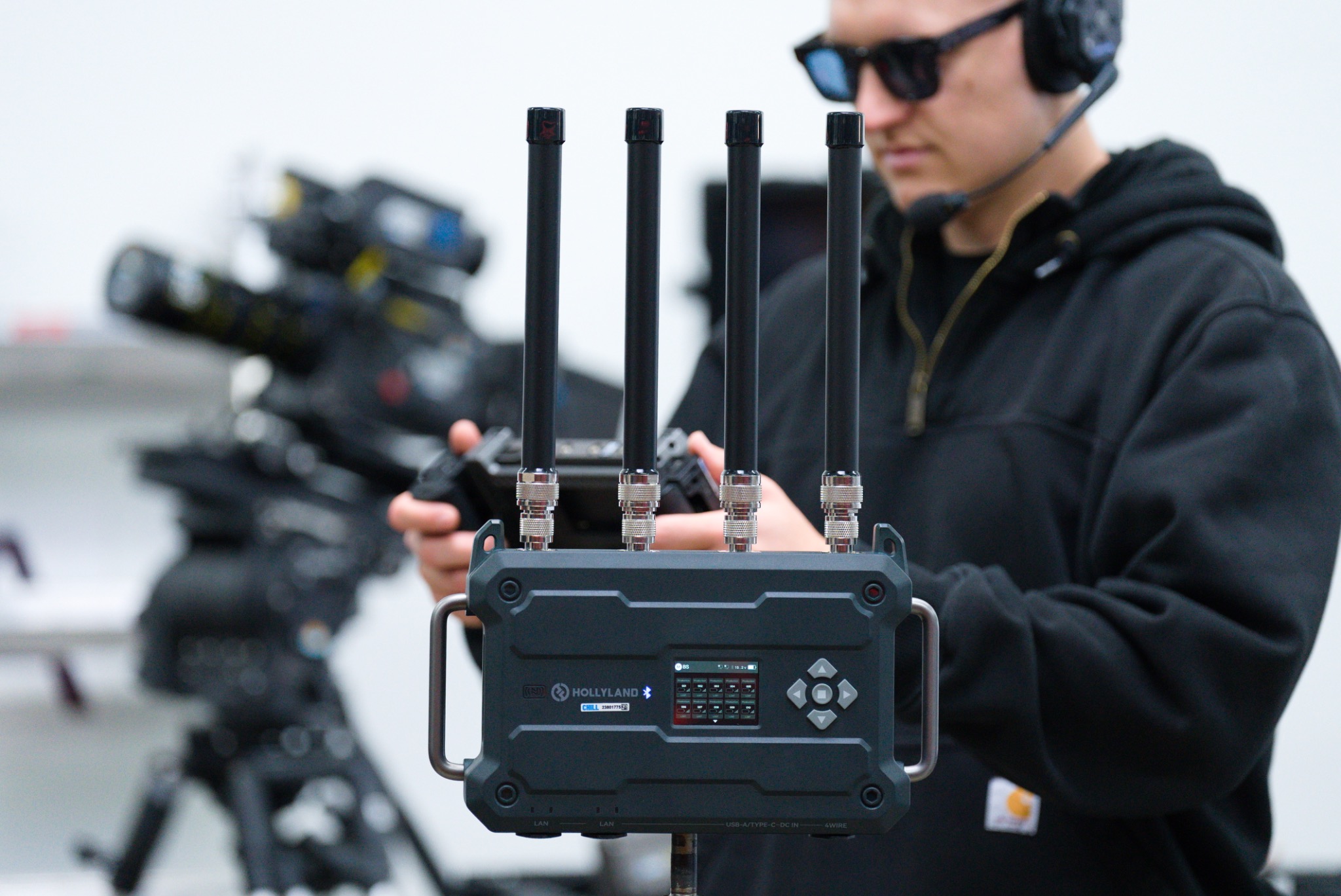 Film crew wearing headsets for professional on-set communication