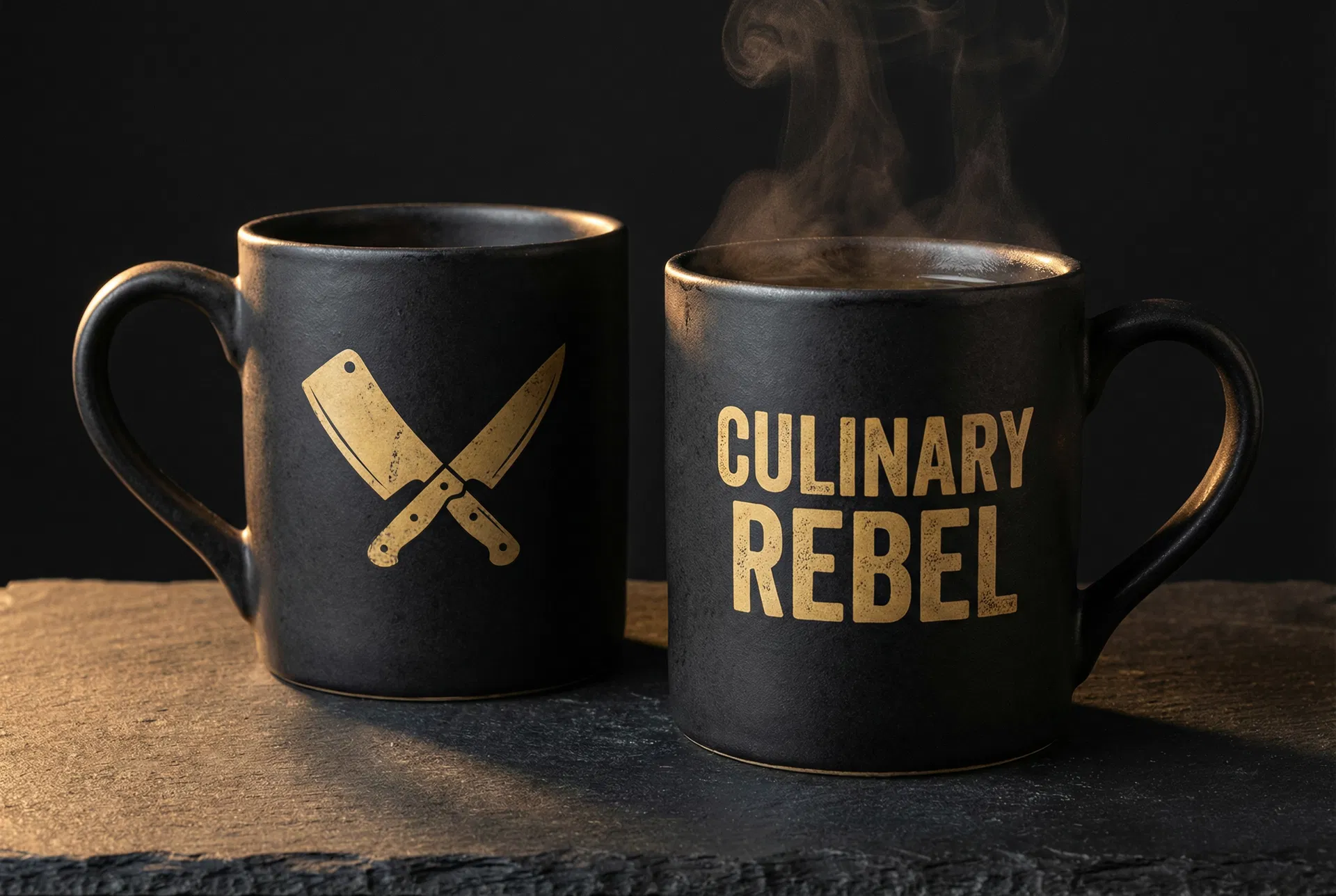 Cleaver and Blade matte black ceramic mug with gold graphic print