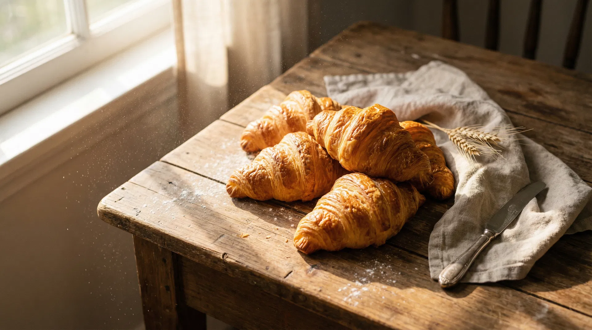 Čerstvé croissanty na dřevěném stole v ranním světle