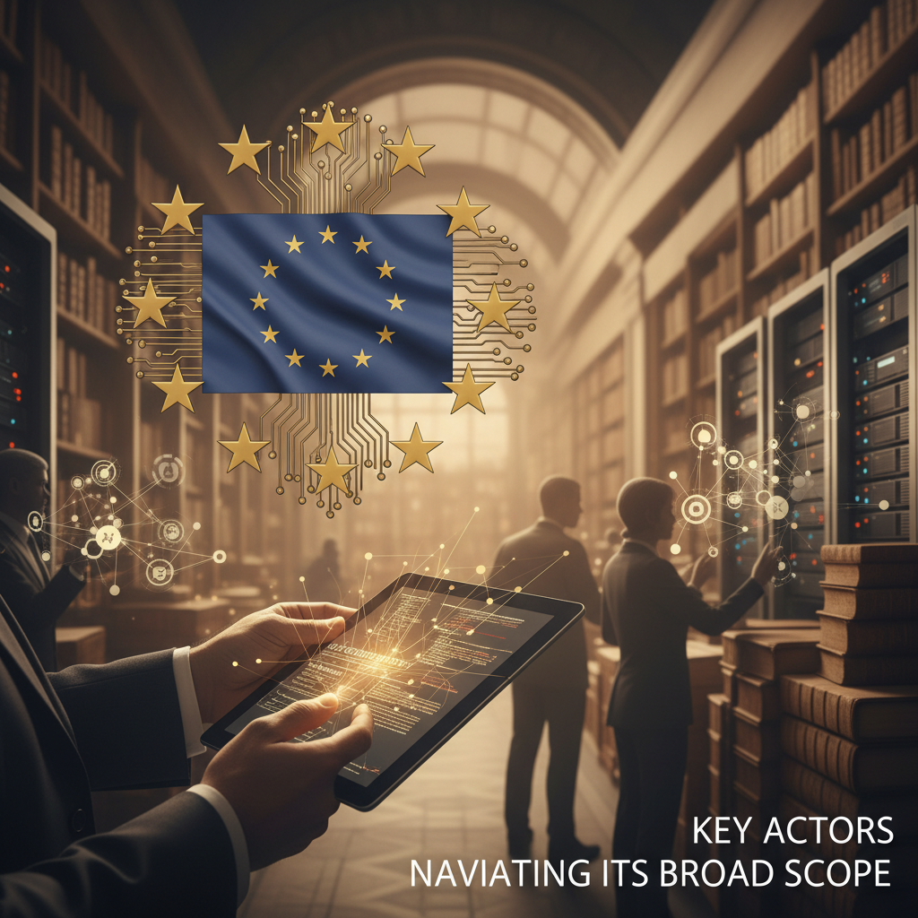 Illustration depicting the global reach of the EU AI Act, with interconnected legal frameworks and diverse stakeholders.