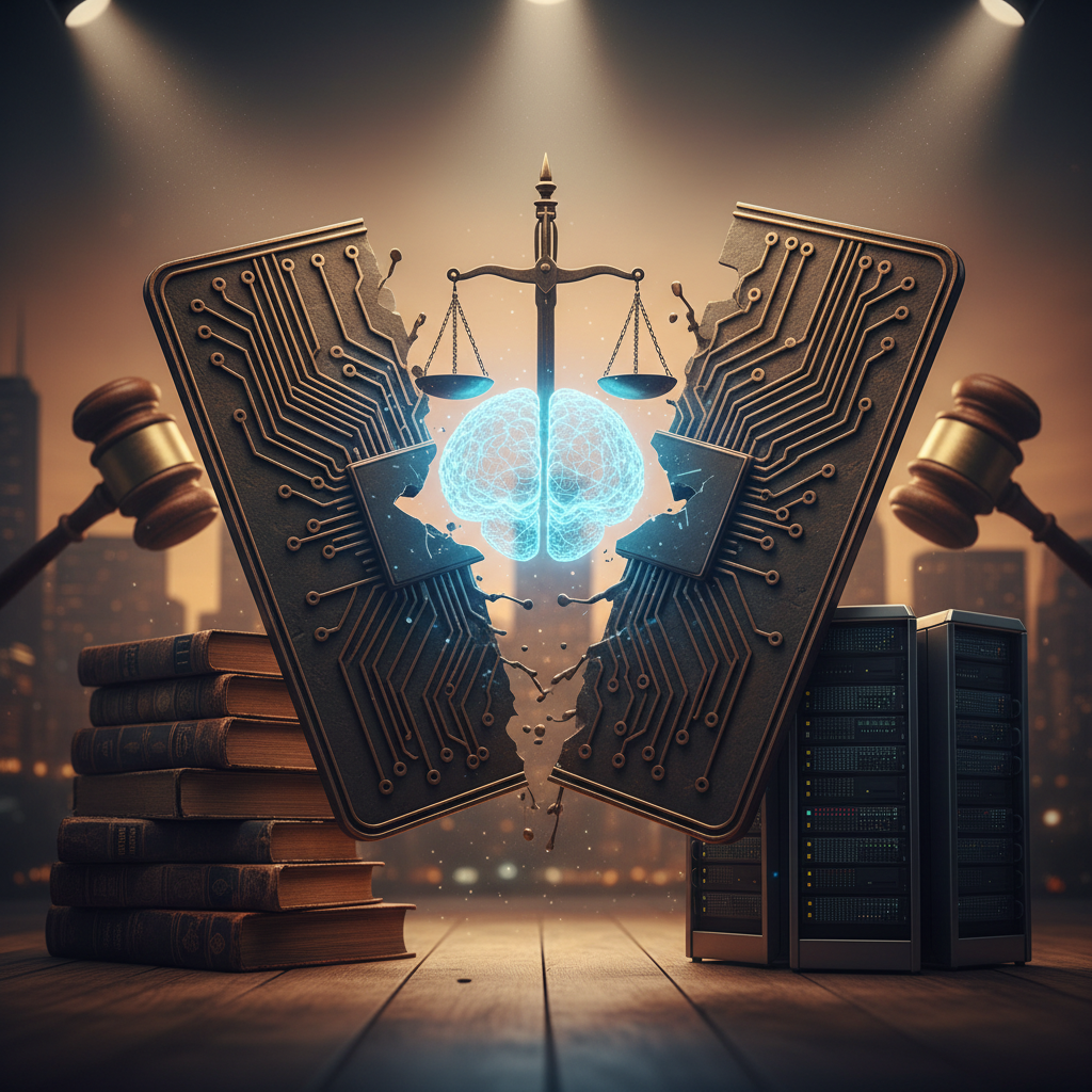 Illustration depicting two AI company logos clashing over a legal document, symbolizing the dispute over AI liability.