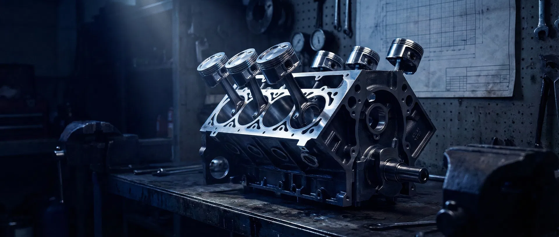 Motor V8 em oficina industrial