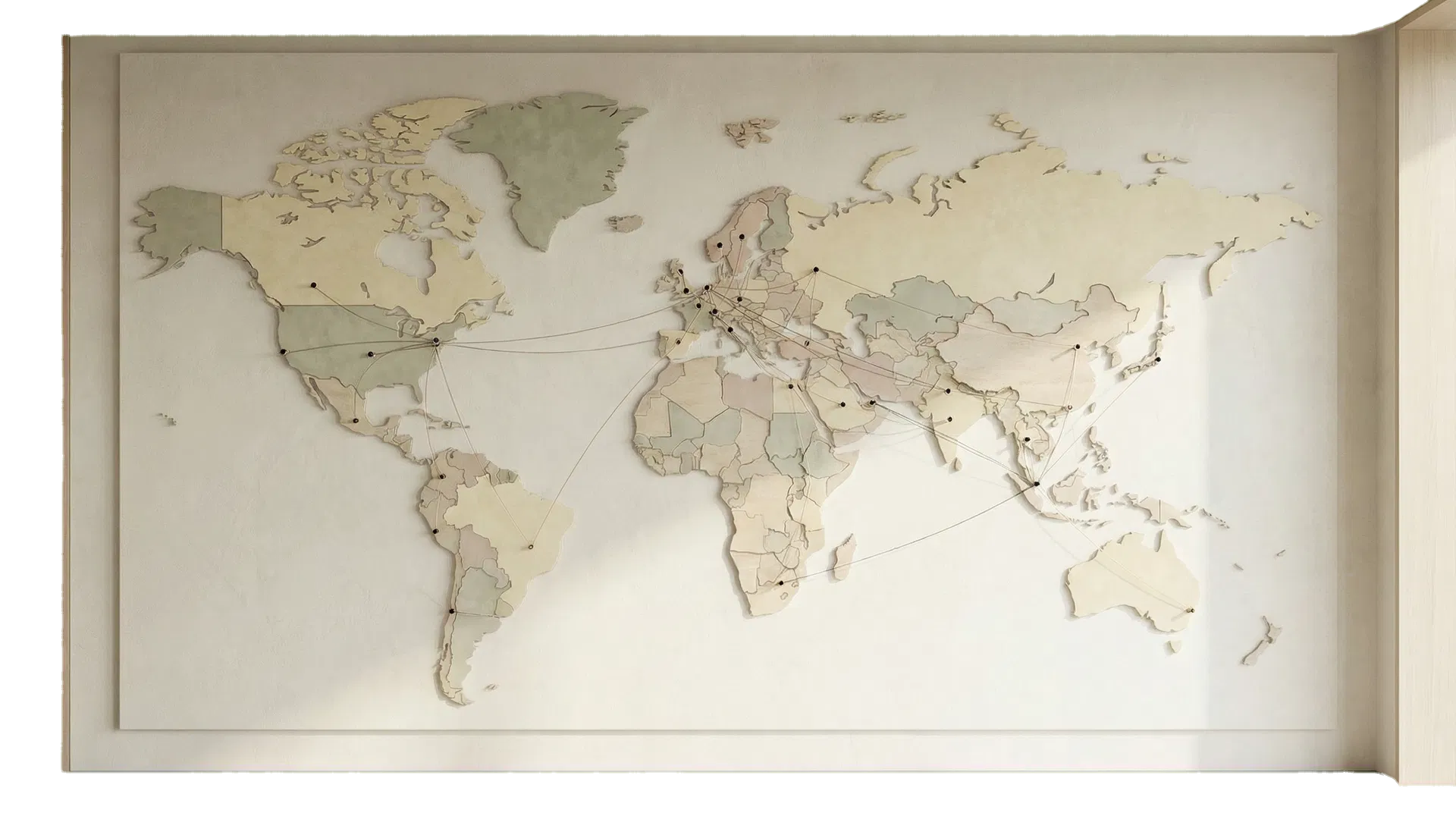 A sculptural world map representing living:ful's global development network