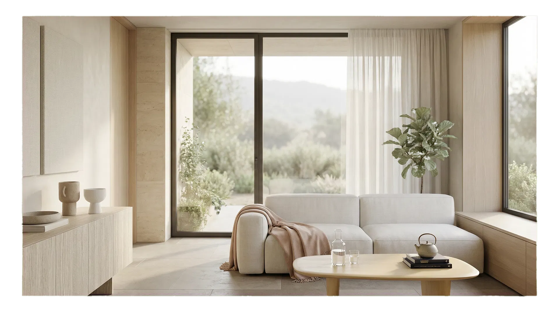 Sunlit healthy-home interior with warm natural materials and a view into nature