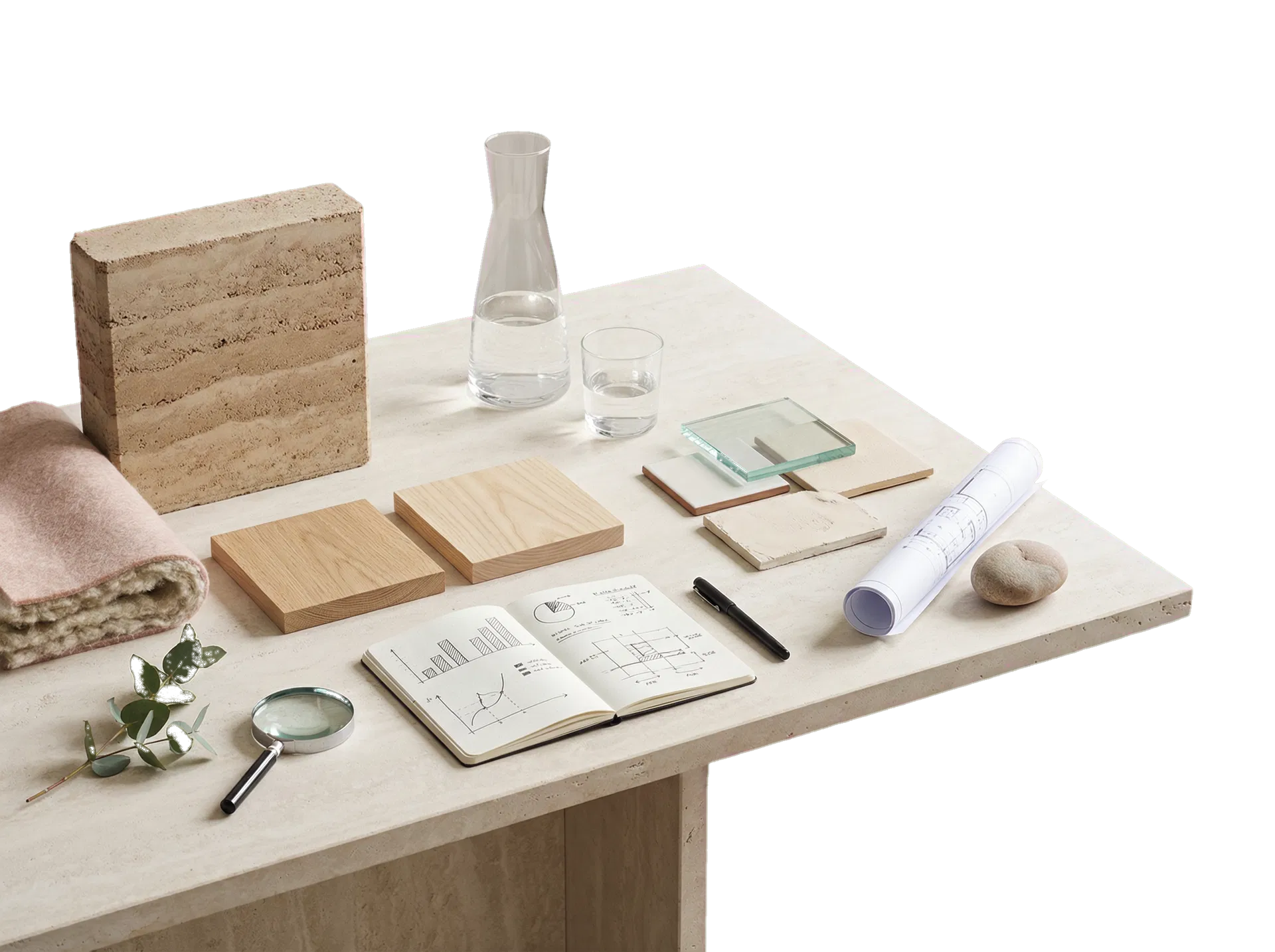 Healthy-home materials and research artifacts arranged on a stone table