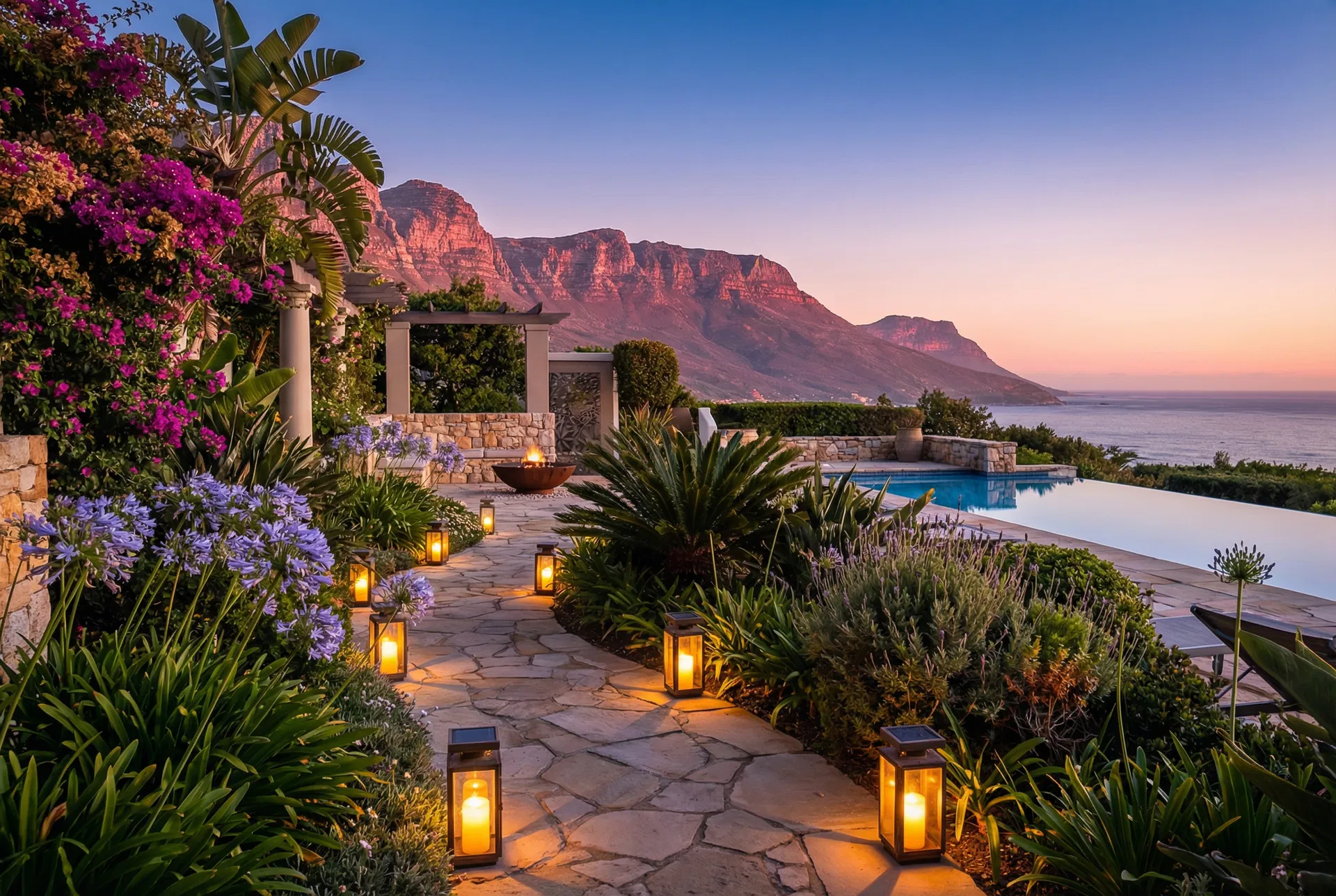 Garden path at dusk with lanterns, Table Mountain and infinity pool