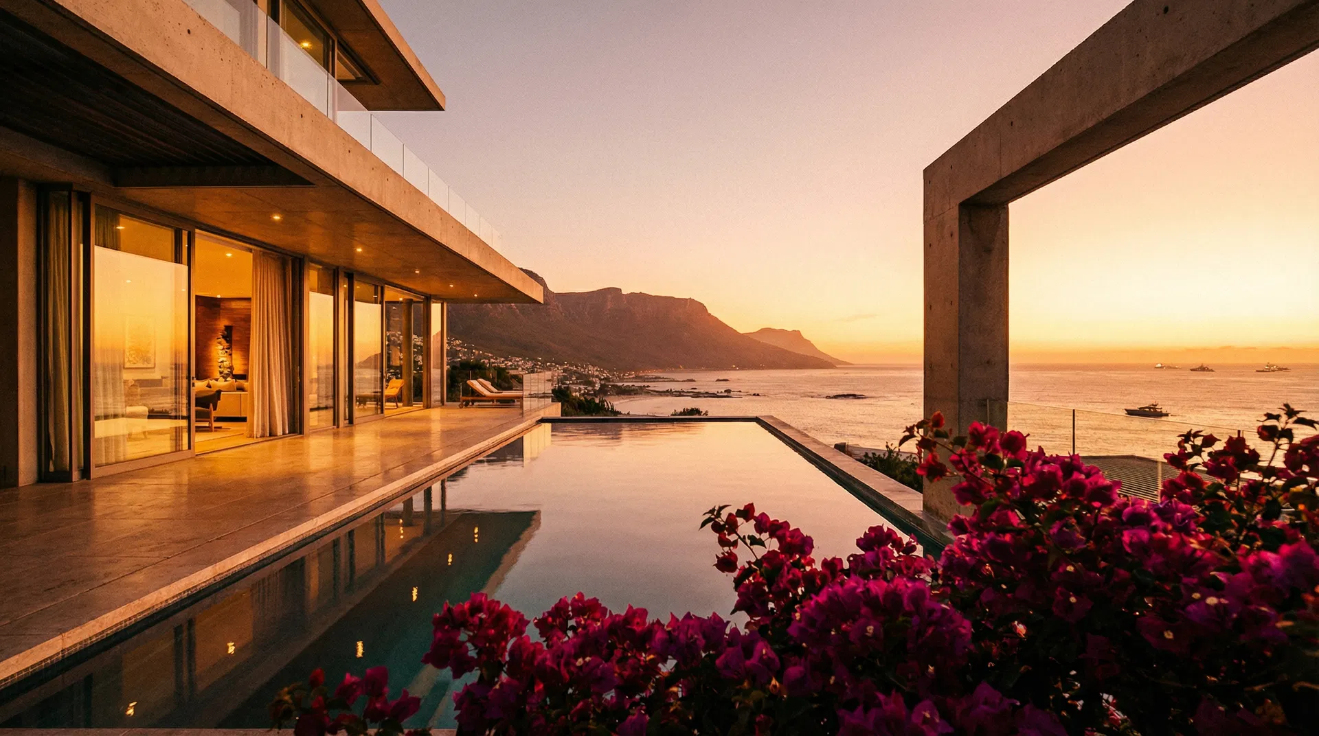 Clifton Gardens — dusk infinity pool with Table Mountain and Atlantic Ocean