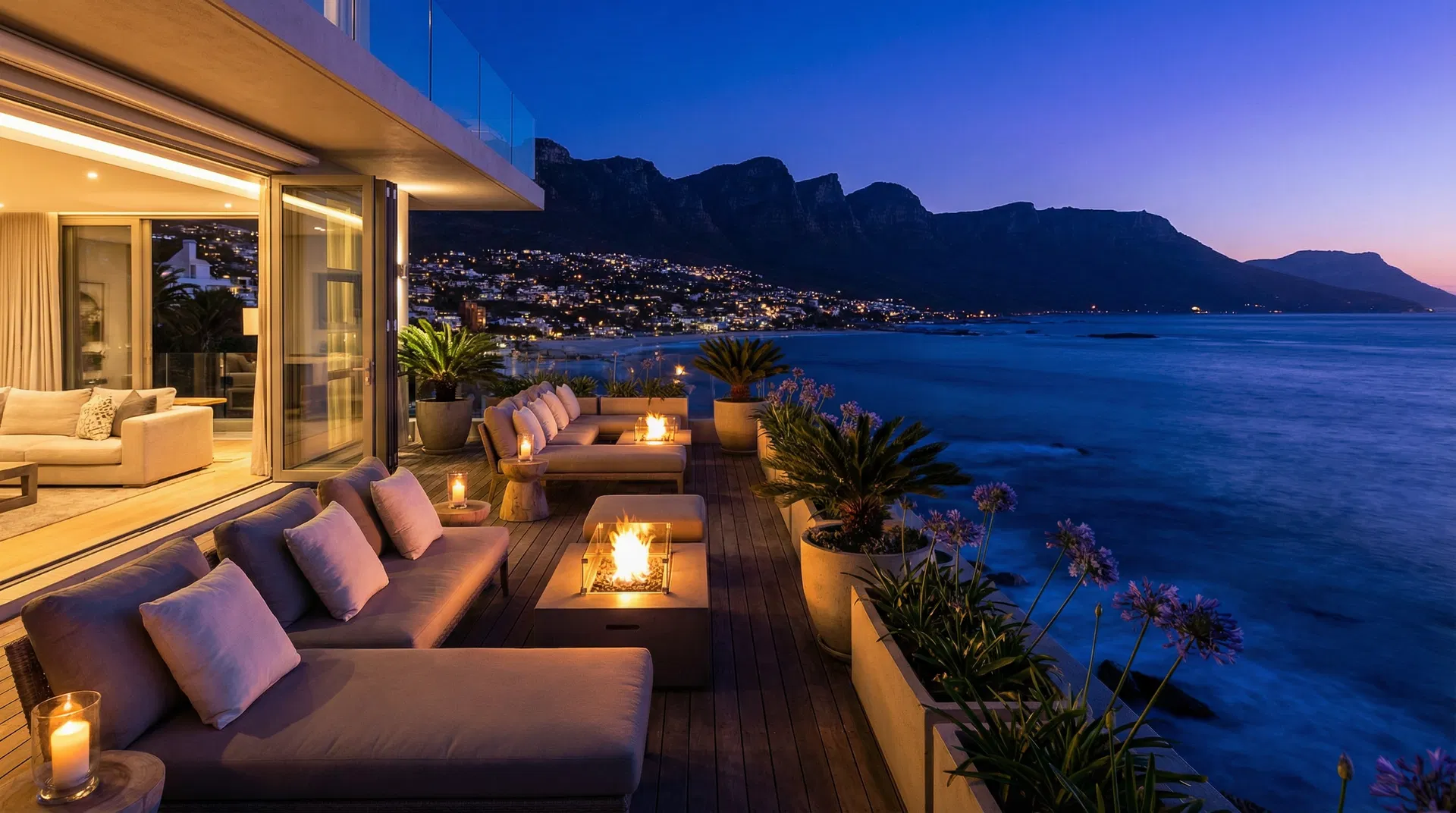 Blue hour terrace with fire pit and Twelve Apostles
