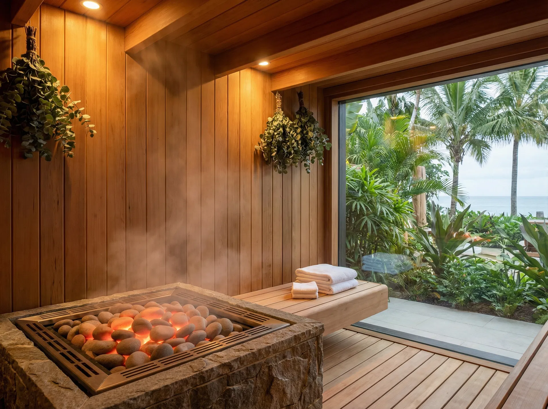 Cedar Finnish sauna with garden and ocean view