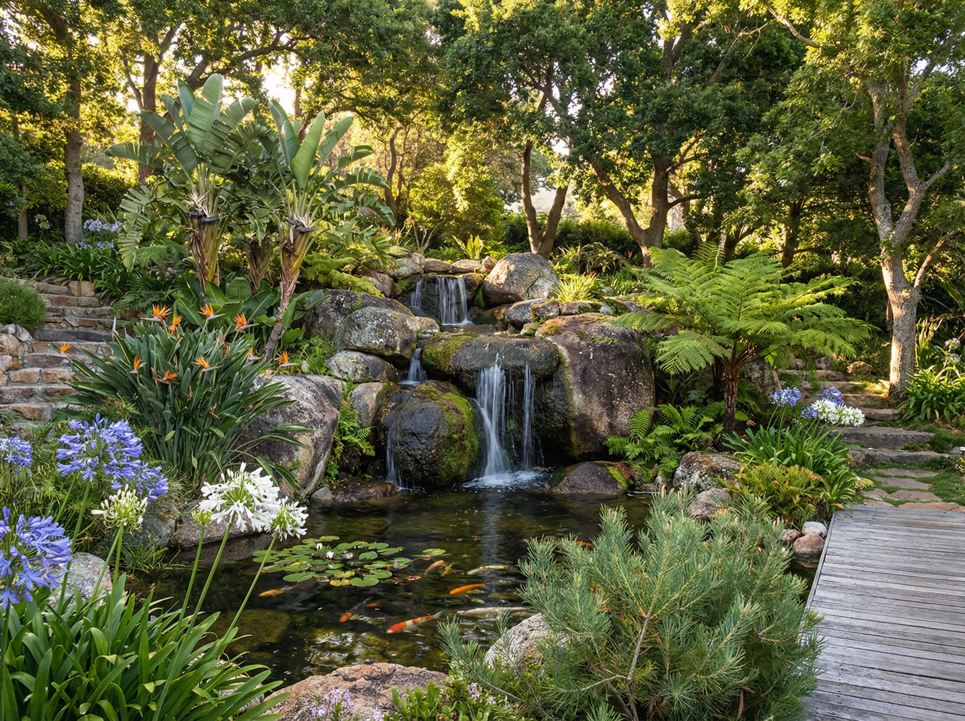 Natural stone waterfall in the tropical garden with koi pond