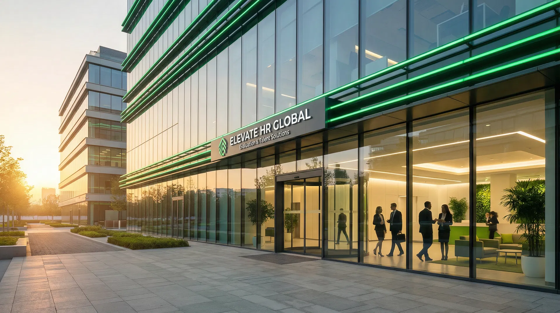 Edificio corporativo con iluminación verde