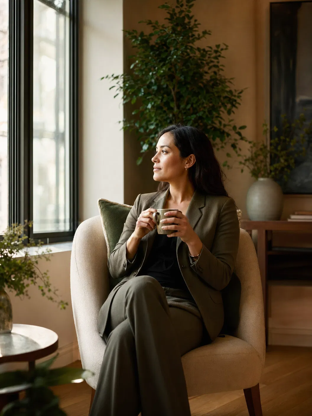 A person sitting in a calm, welcoming therapy space with quiet resolve