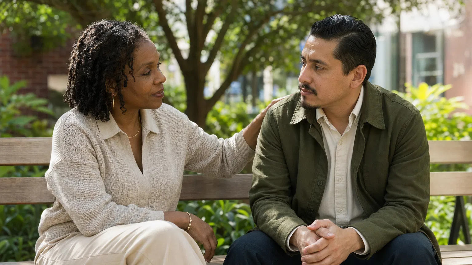 Peer support conversation in Chelsea, Manhattan