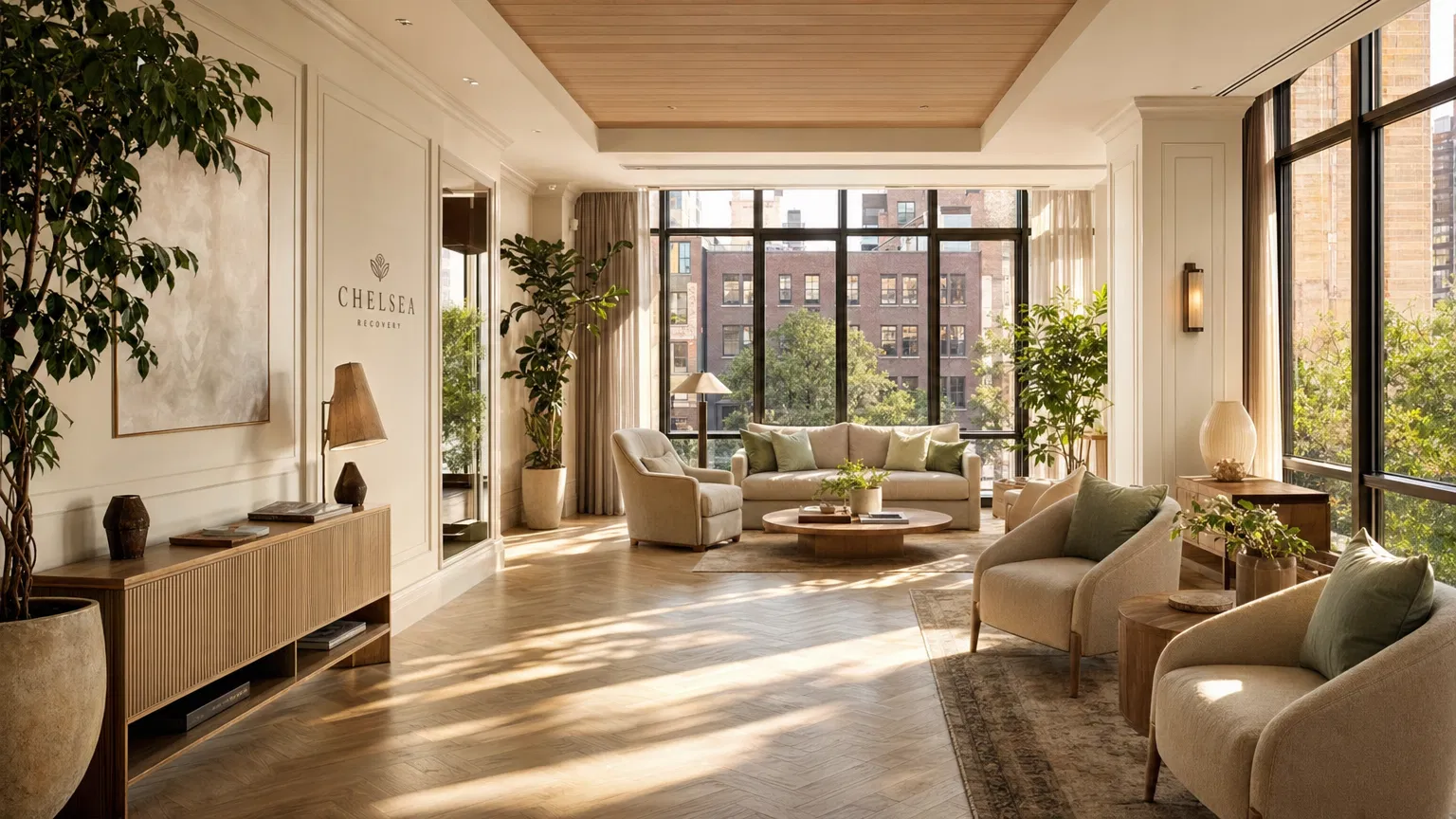 Mountainside NYC Chelsea recovery hub interior — warm, welcoming lounge space