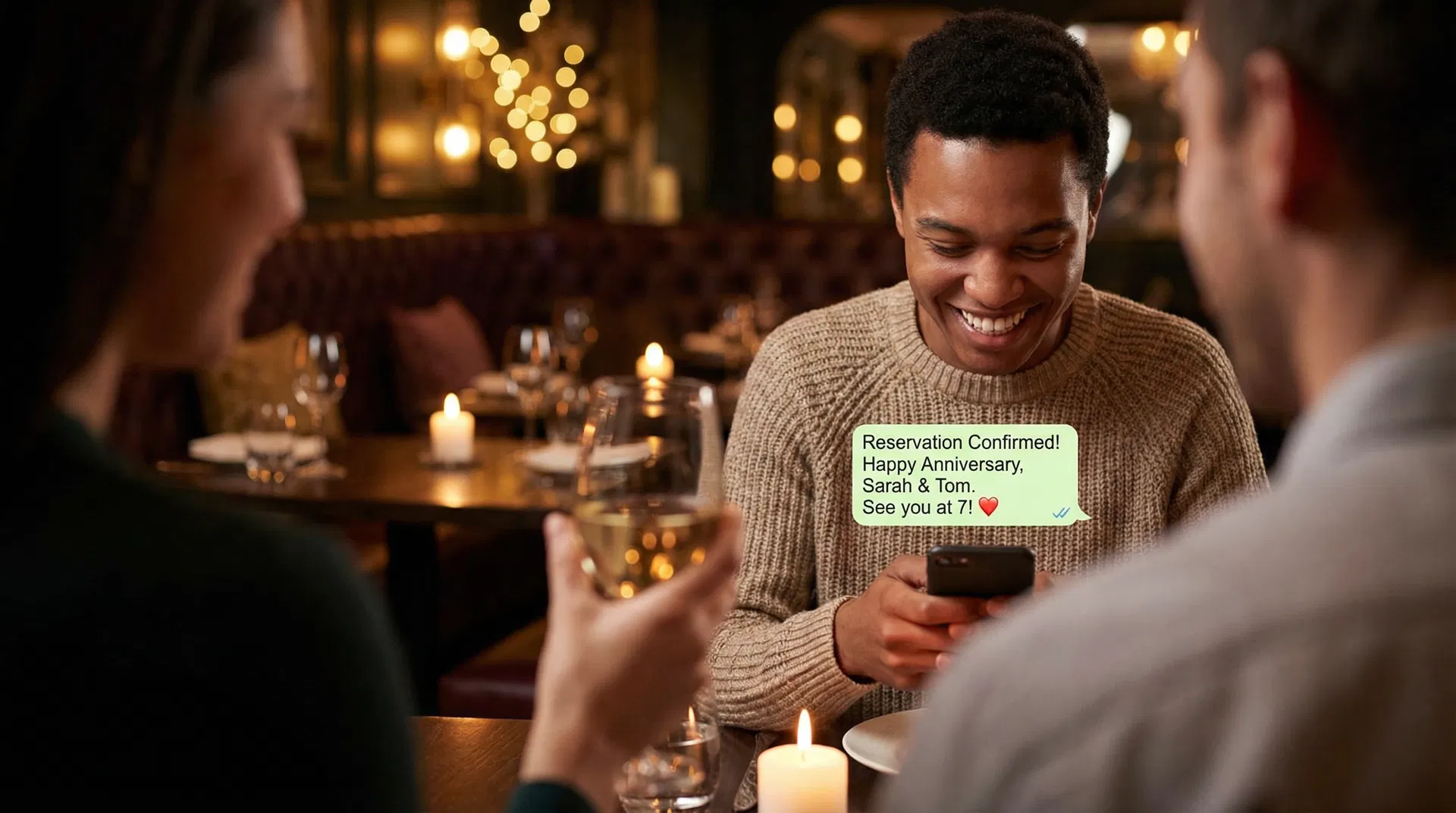 Guest at a restaurant table smiling at a personalised WhatsApp message