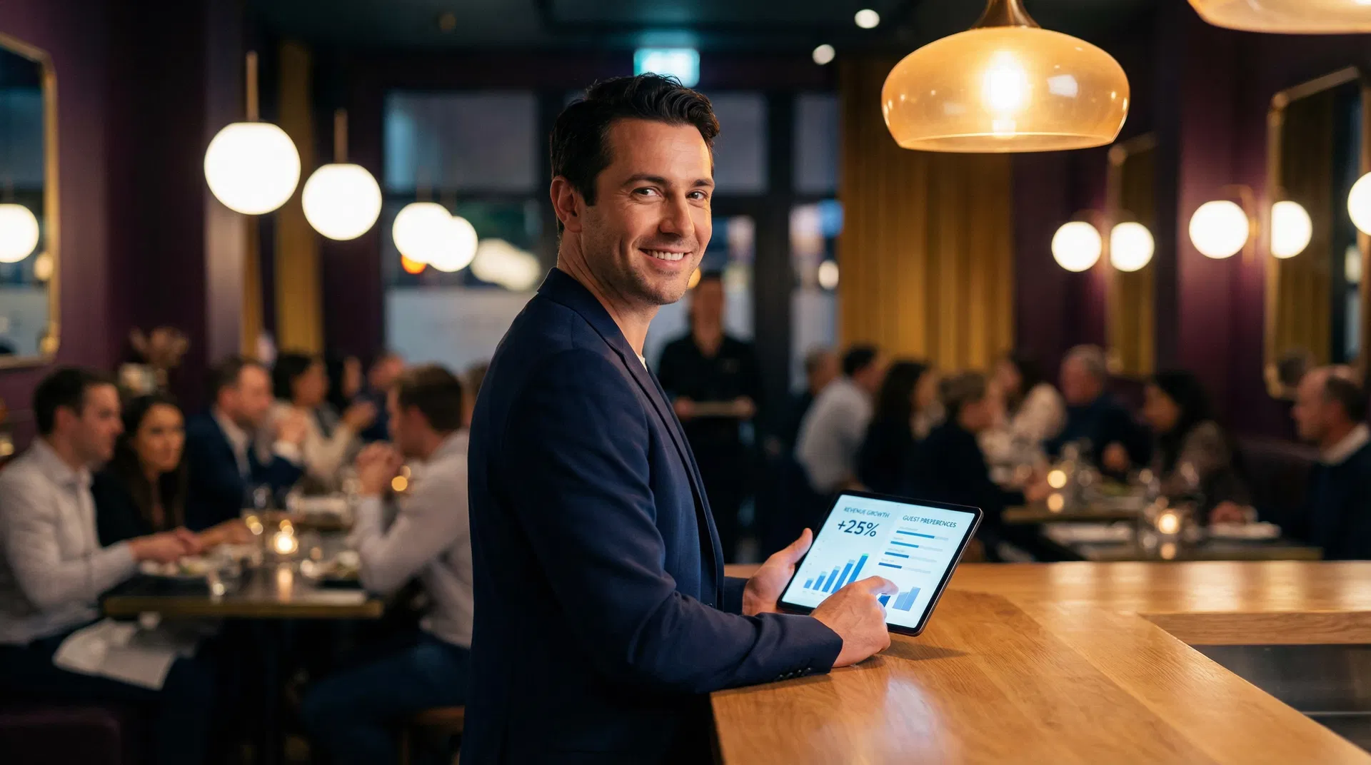 Restaurant owner reviewing analytics on a tablet in a full dining room