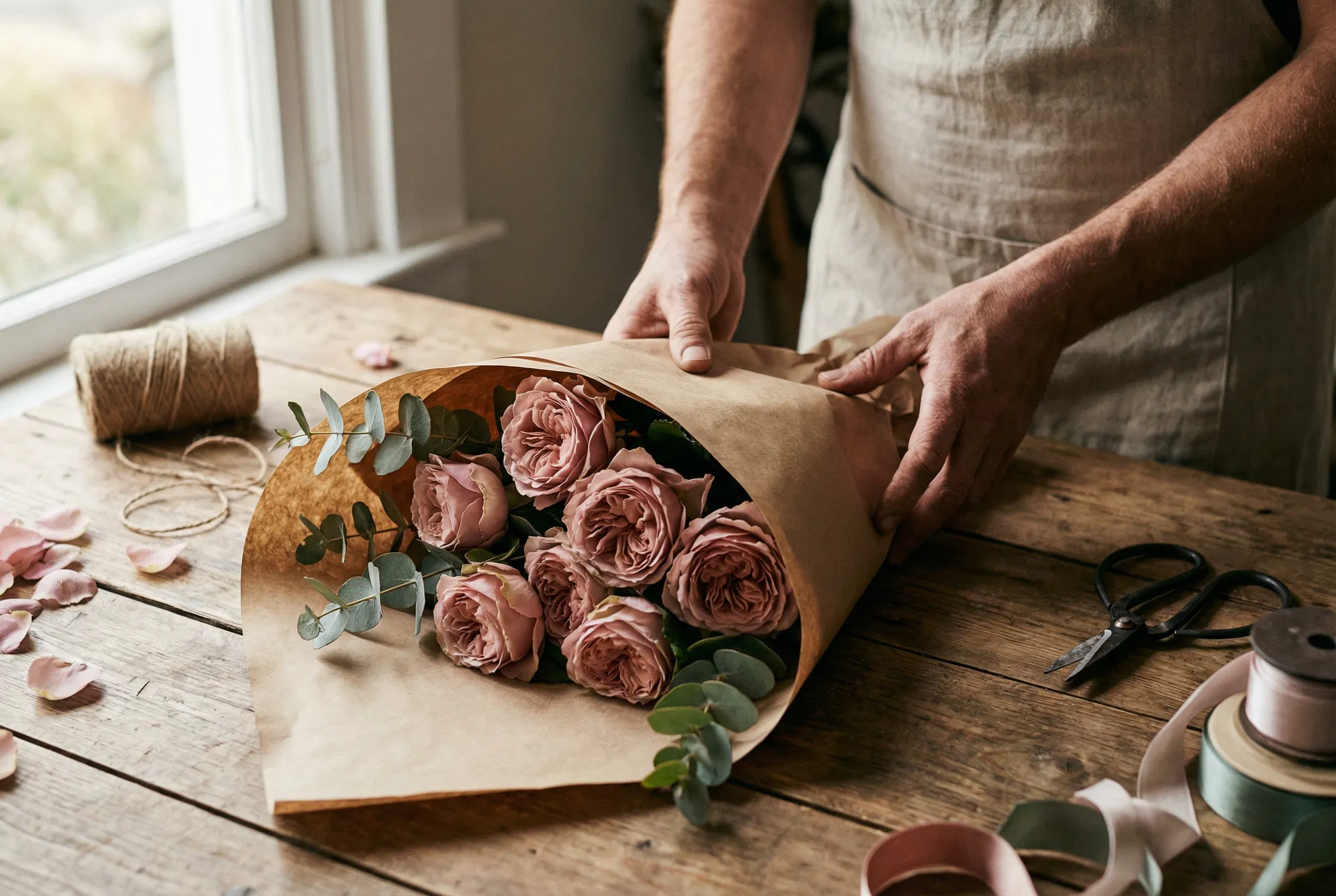 Florist wrapping fresh flowers