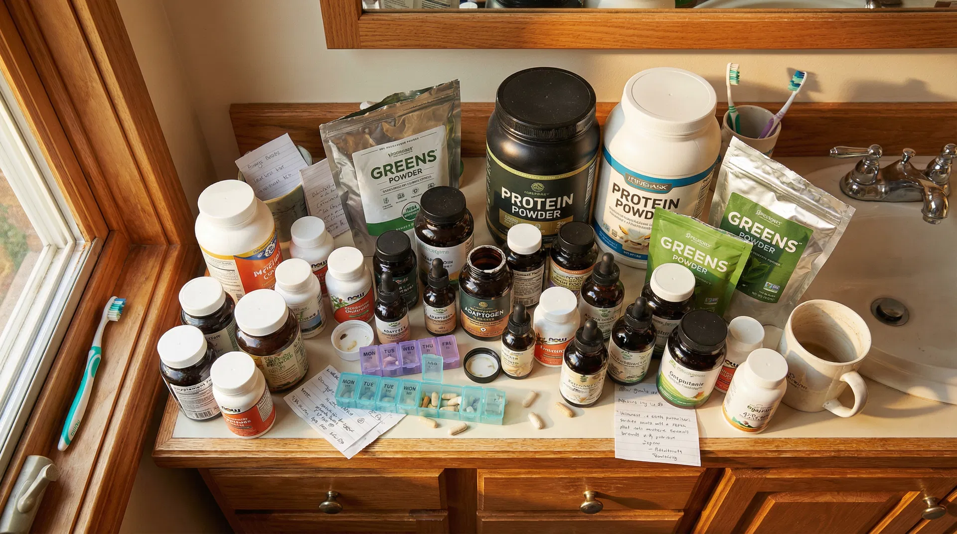 Messy countertop of supplement bottles