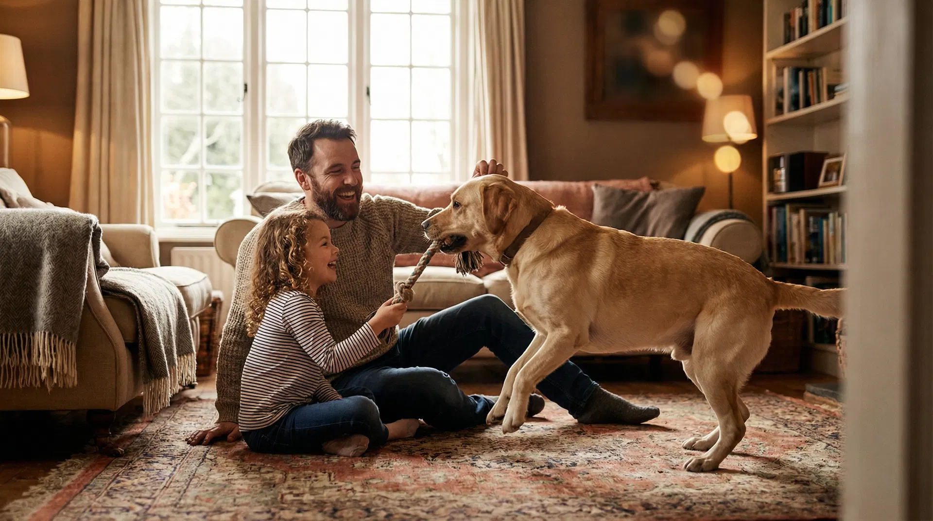A family playing with their healthy, happy dog