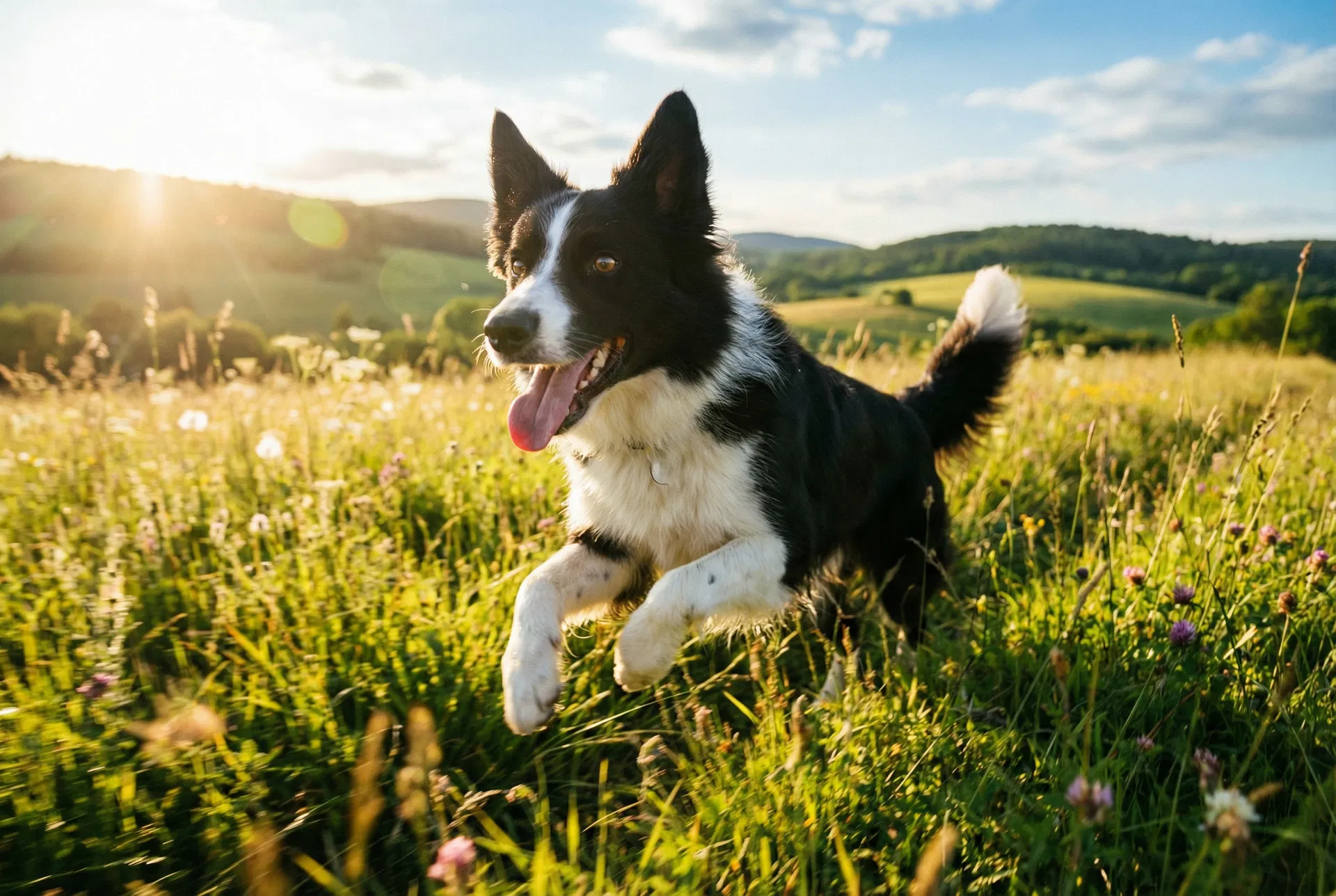 A healthy, vibrant dog running through a meadow