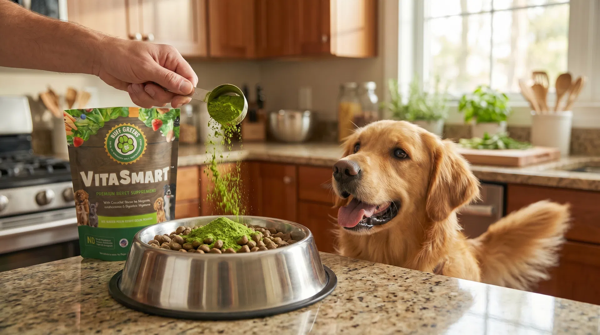 A person adding Ruff Greens VitaSmart powder to a dog's food bowl while an excited golden retriever watches