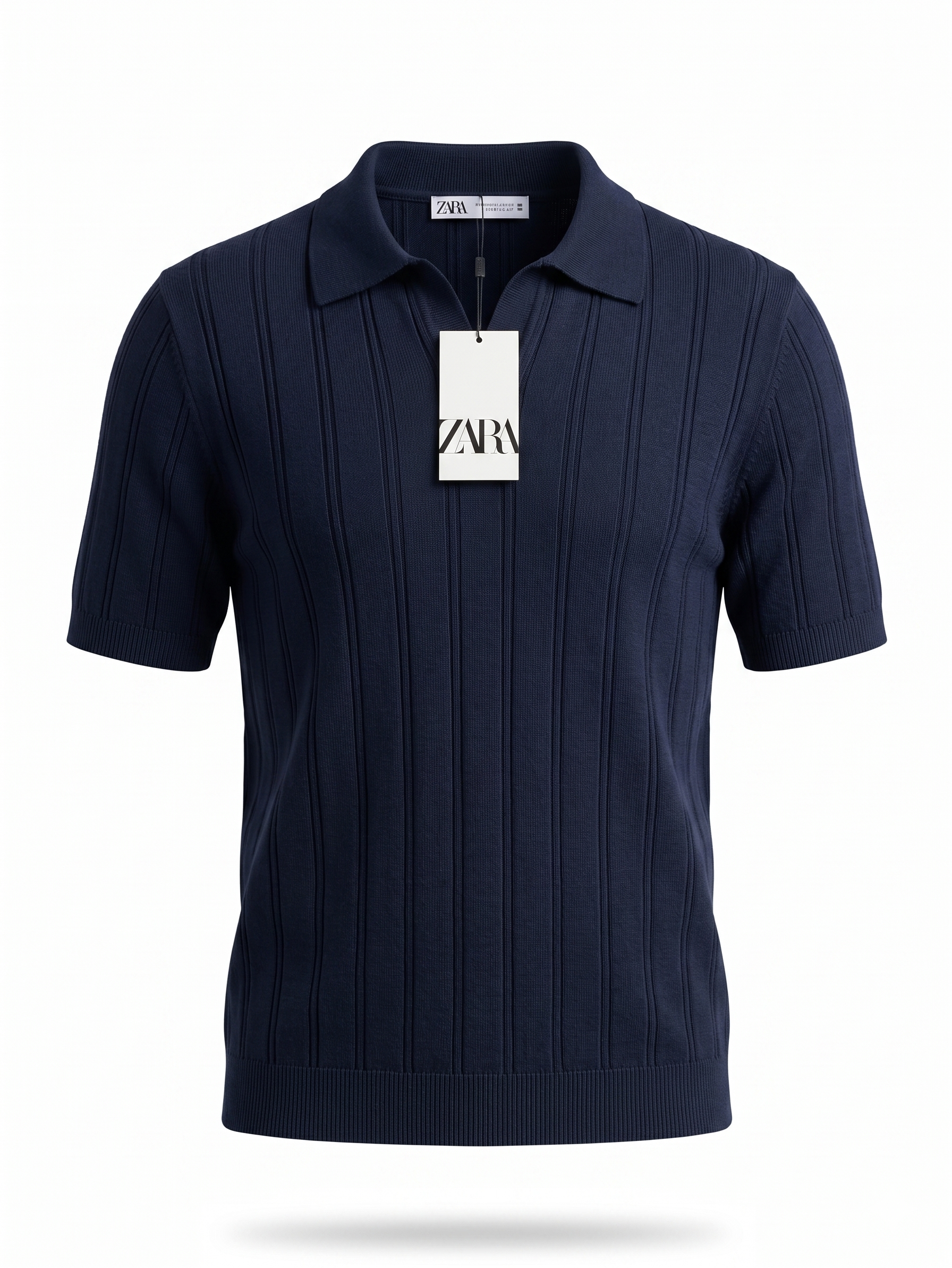 ZARA Ribbed Knit Polo Shirt – Navy Blue