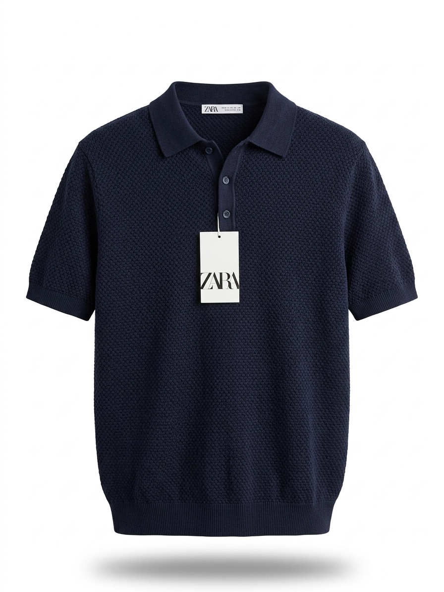ZARA Textured Knit Polo Shirt – Deep Navy