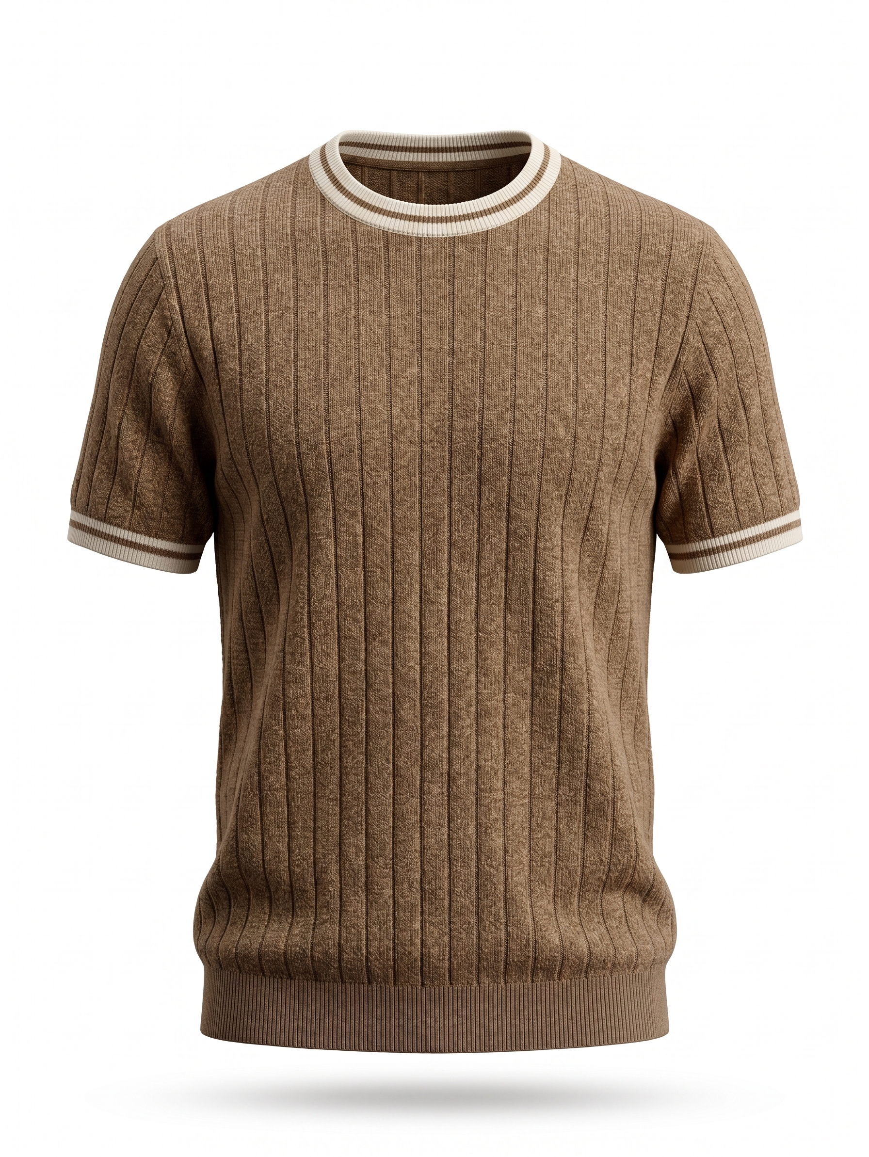 ZARA Ribbed Knit T-Shirt – Brown with Contrast Trim