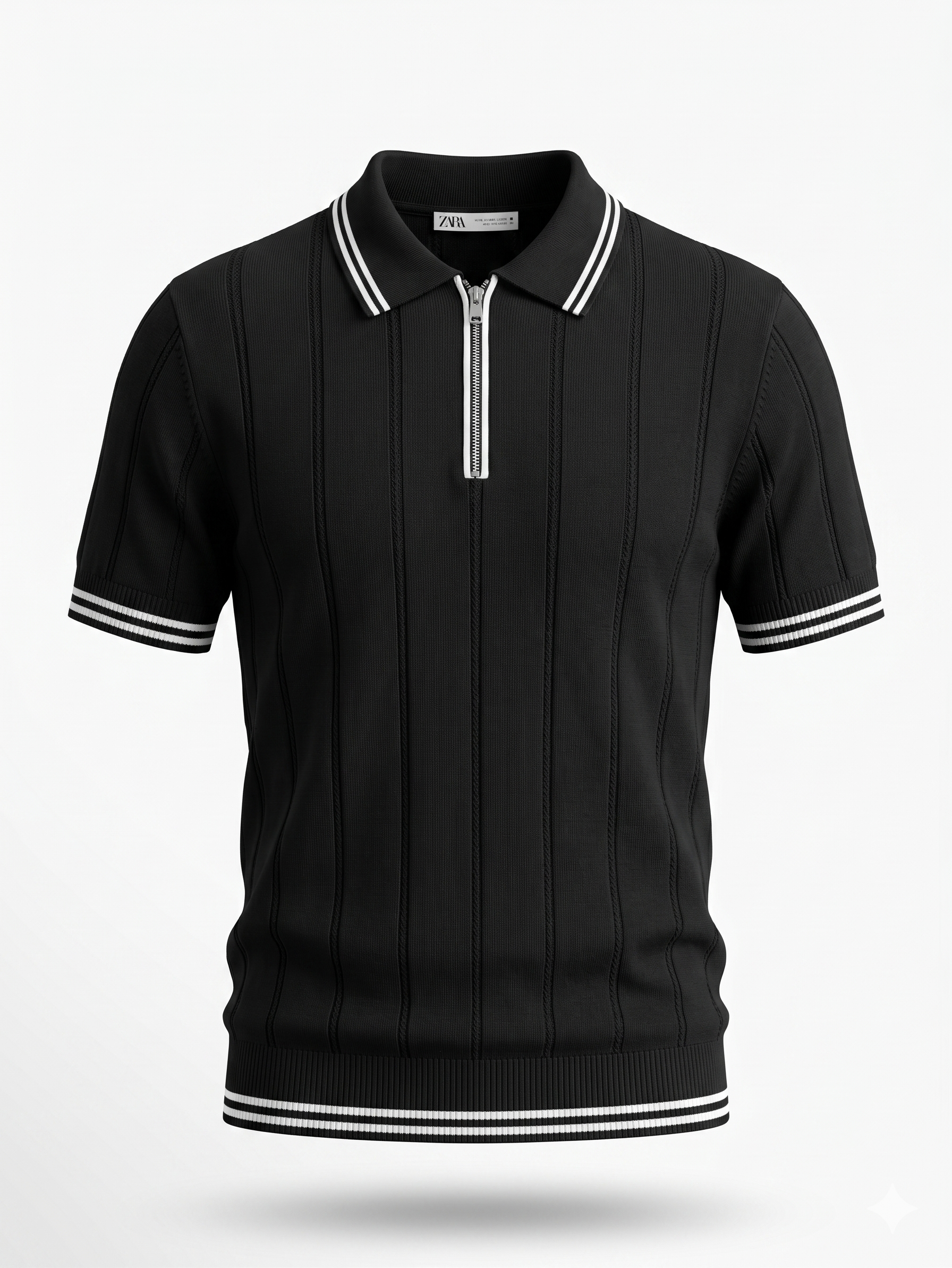 ZARA Zip-Up Ribbed Knit Polo Shirt – Black with Contrast Trim