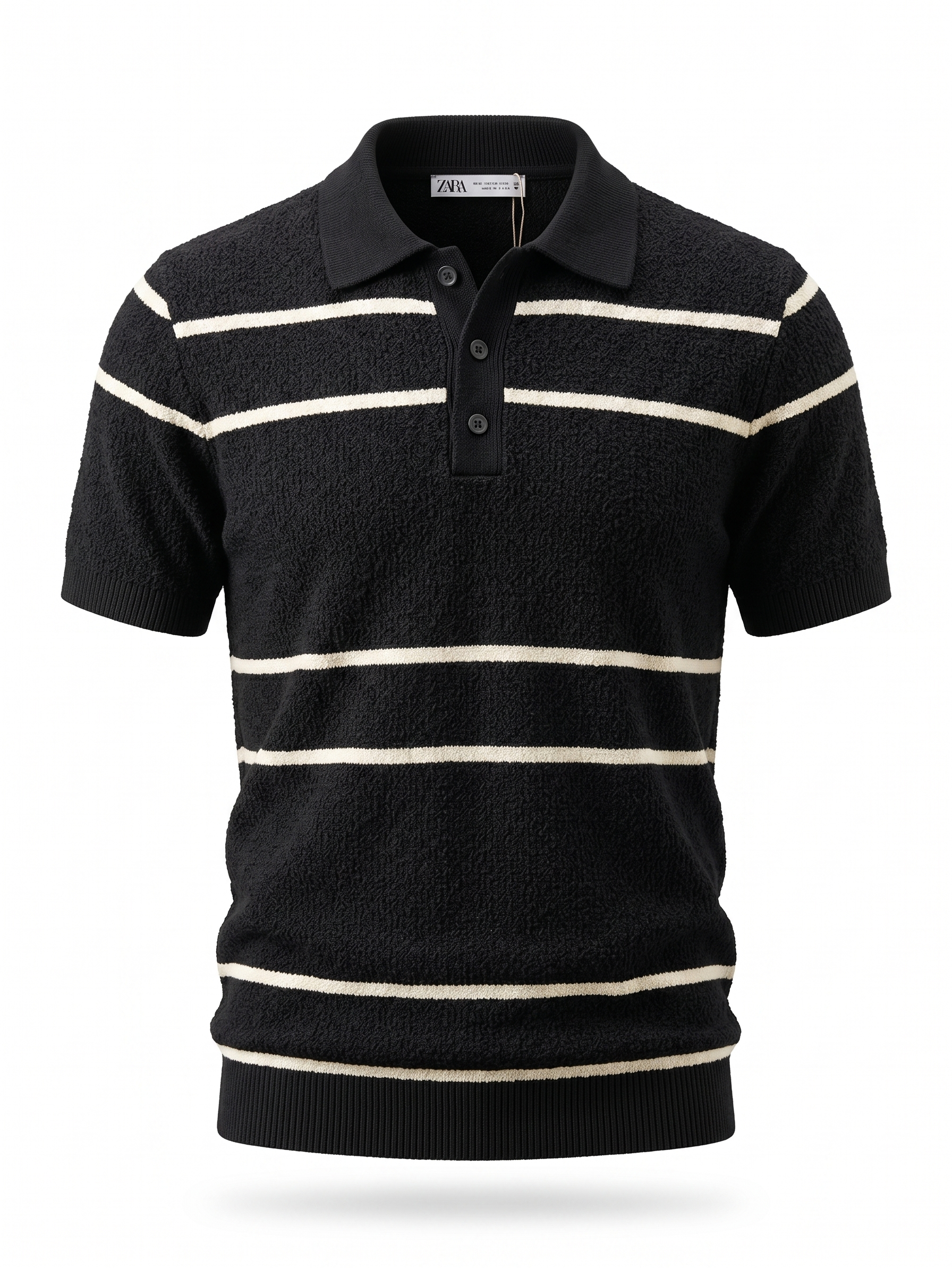 ZARA Textured Knit Polo Shirt – Black with Contrast Stripes