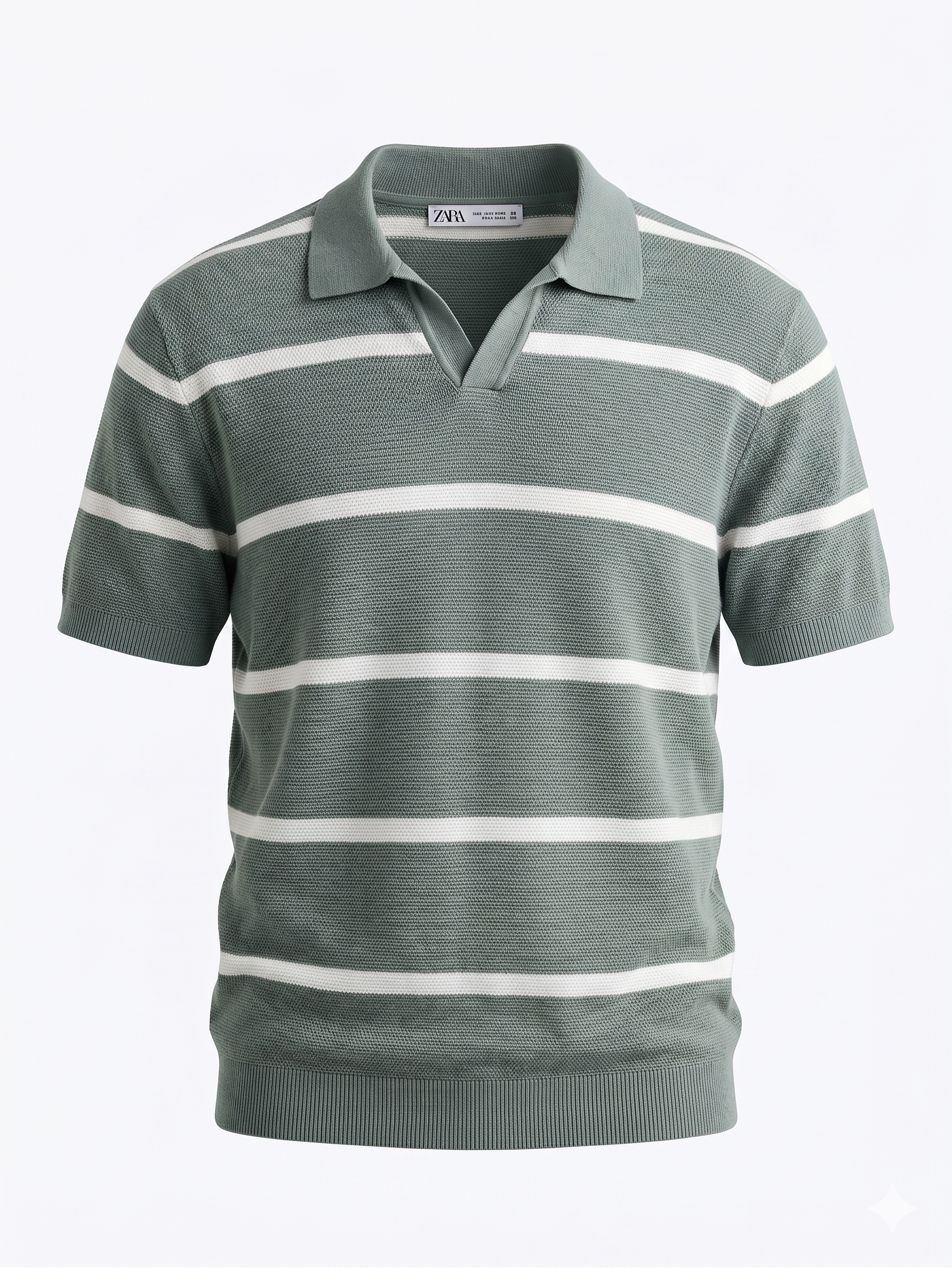 ZARA Textured Knit Polo Shirt – Sage Green with White Stripes