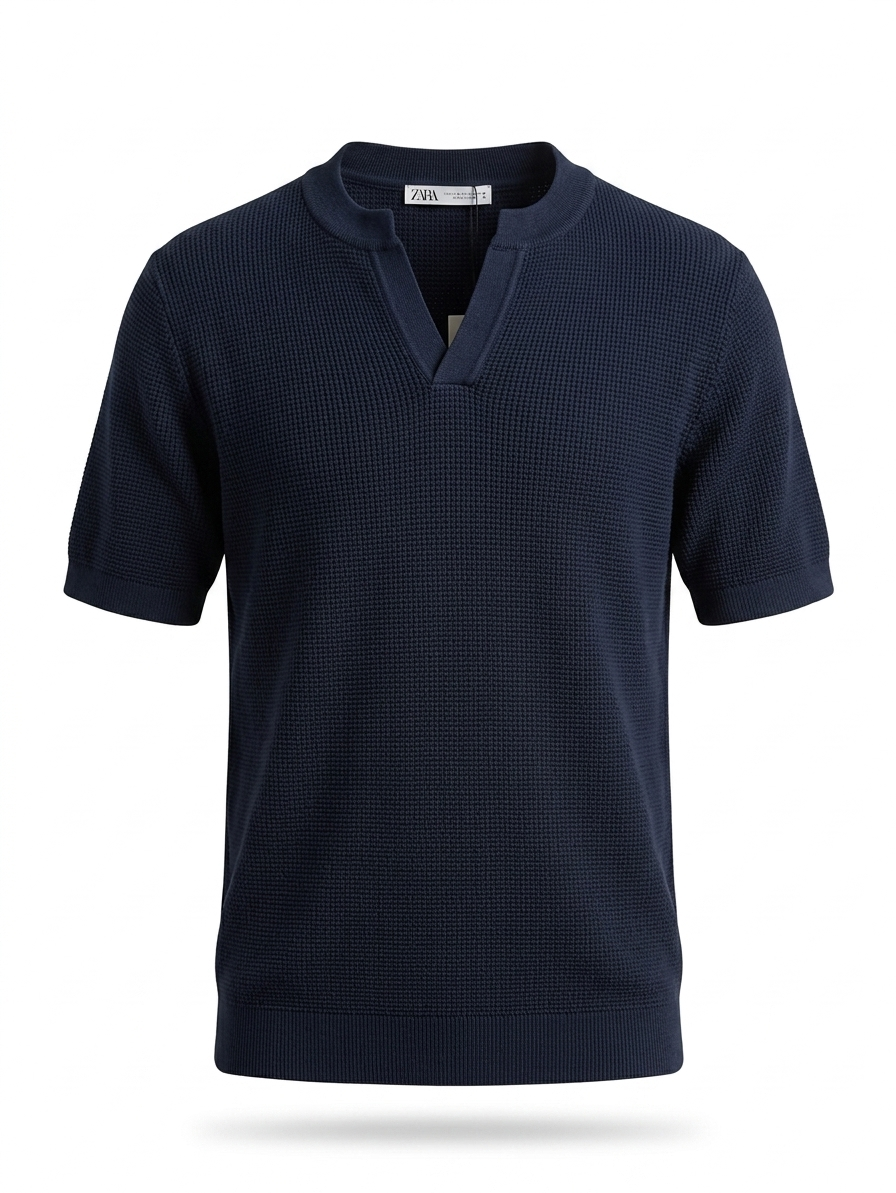 ZARA Textured Knit T-Shirt – Navy Blue