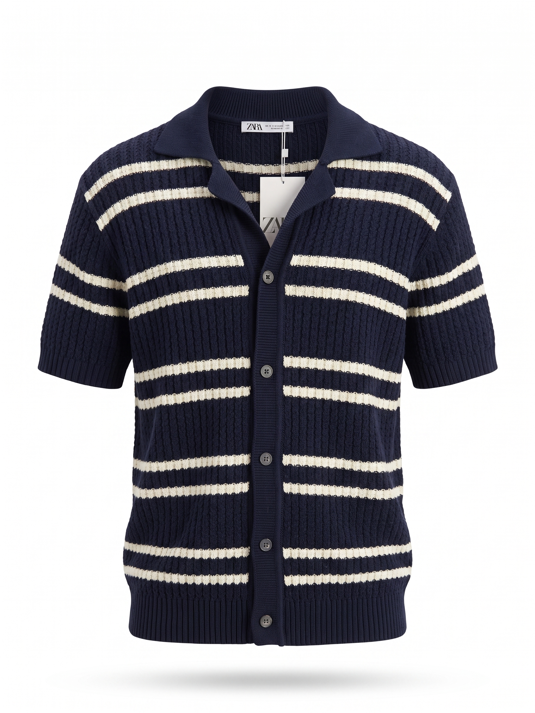 ZARA Striped Knit Polo Cardigan – Navy