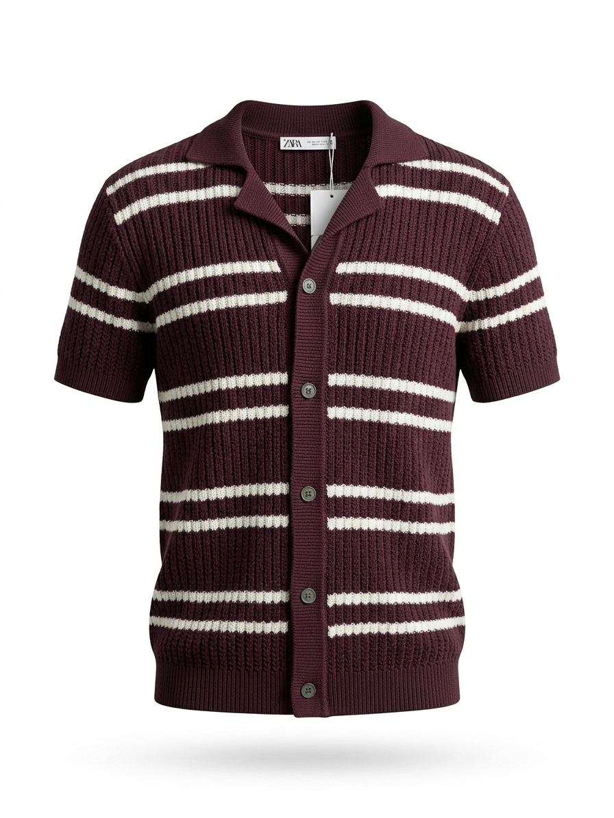 ZARA Striped Knit Polo Cardigan – Burgundy