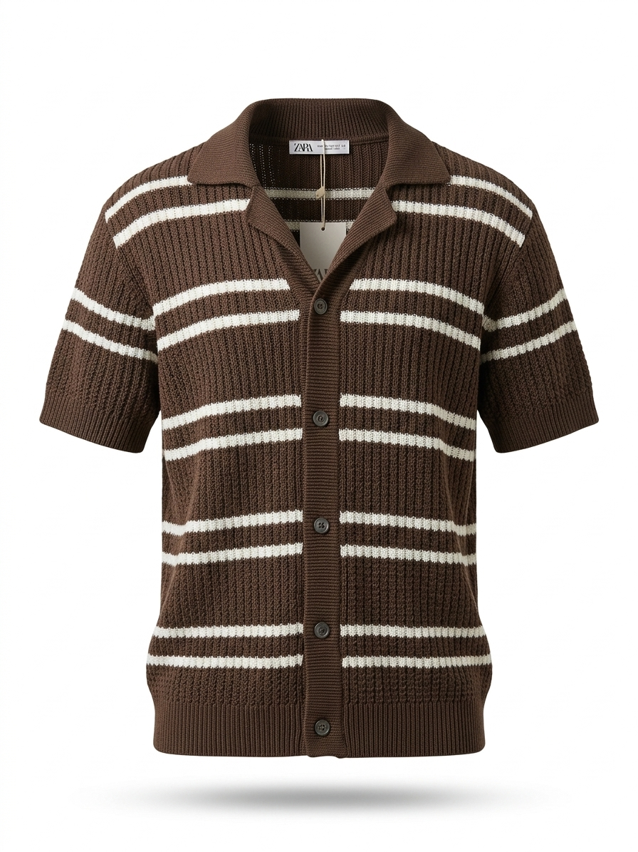 ZARA Striped Knit Polo Cardigan – Brown