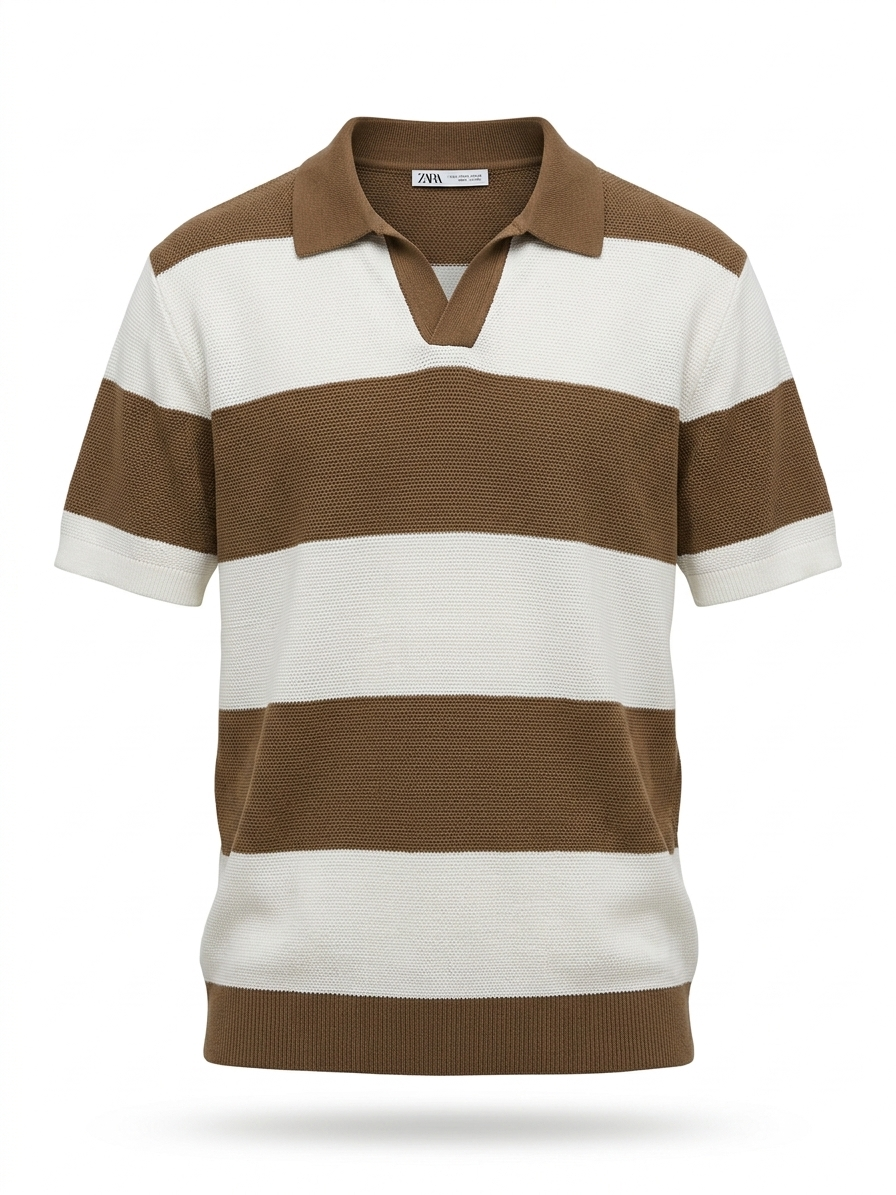 ZARA Colorblock Knit Polo Shirt – Brown & Off-White