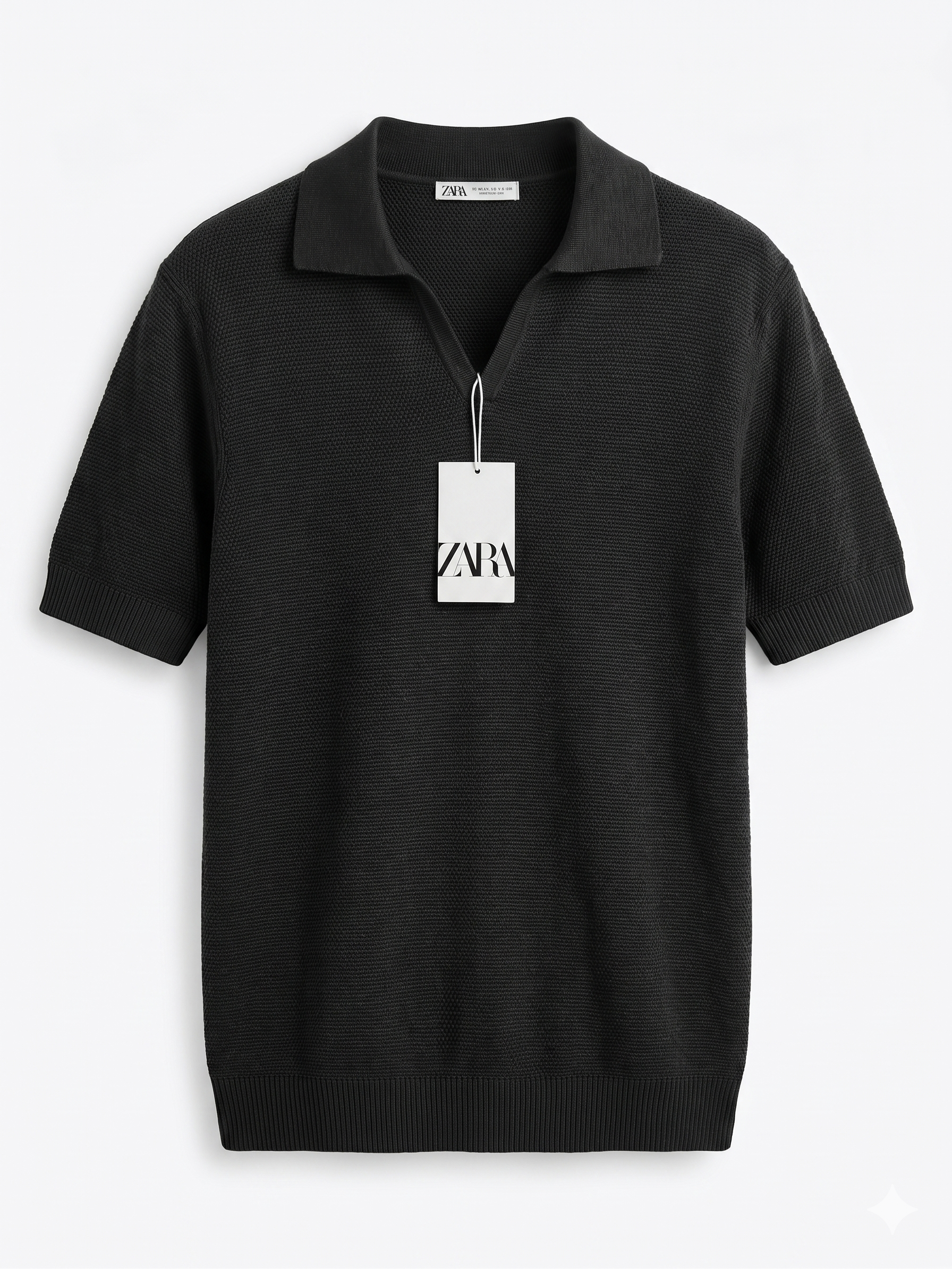 ZARA Textured Knit Polo Shirt – Black